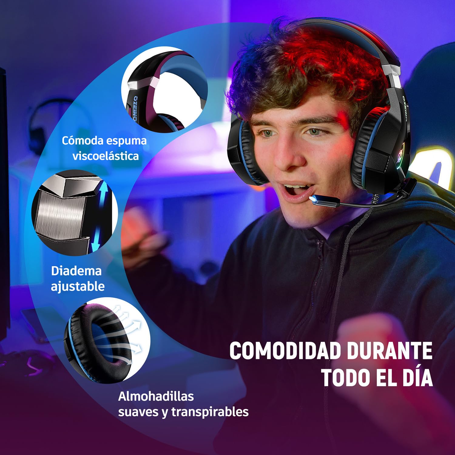 Ozeino Cascos Gaming, Auriculares Gaming con Micrófono Rotatorio, Luz RGB, Premium Stereo, Orejeras Ligero Cómodo, para Ps4 Ps5 Xbox PC Switch Tableta Laptop