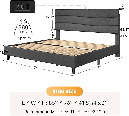 Miniatura 2 de EnHomee Base de cama tamaño King con cabecera tapizada de tela, marco de cama King con cabecera de almacenamiento y 3 estaciones de carga, listones