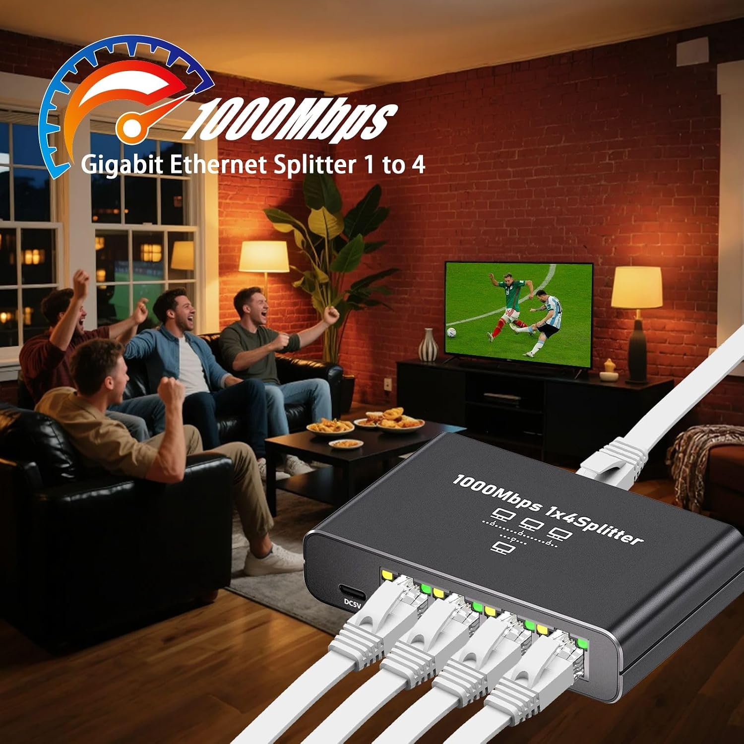 Gigabit Ethernet Splitter 1 to 4 - 1000Mbps RJ45 Port Router Switch with USB-C Power, Plug & Play 1-in-4-Out LAN Adapter for Cat5/5e/6/7/8 Cables, High Speed Network Switch for Desktop Printer Camera