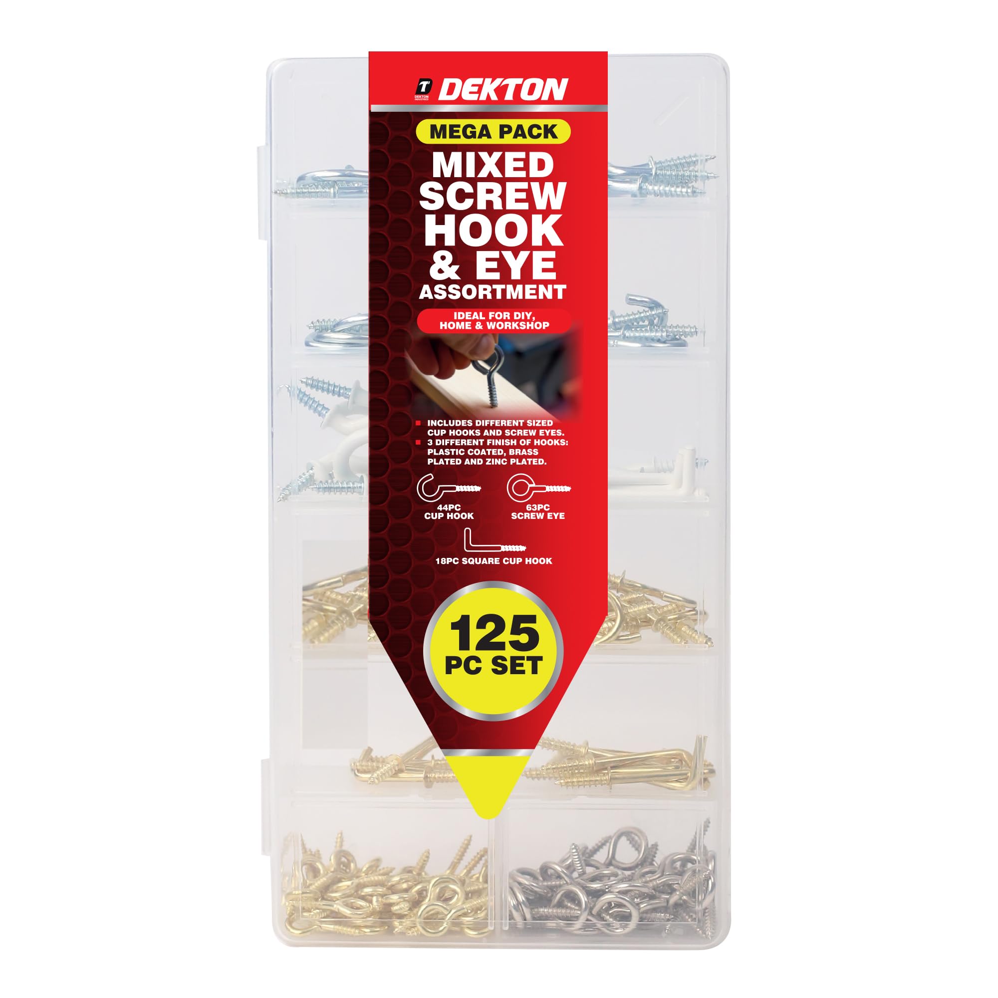 Dekton Multicolour 125Pcs Assorted Hooks Set-Durable Metal Construction| Ideal For Home, Office, Garage| Organized Box| Versatile Hanging Solutions| Includes Cup Hooks, Screw Eyes, Ceiling Hooks, Picture Hangers