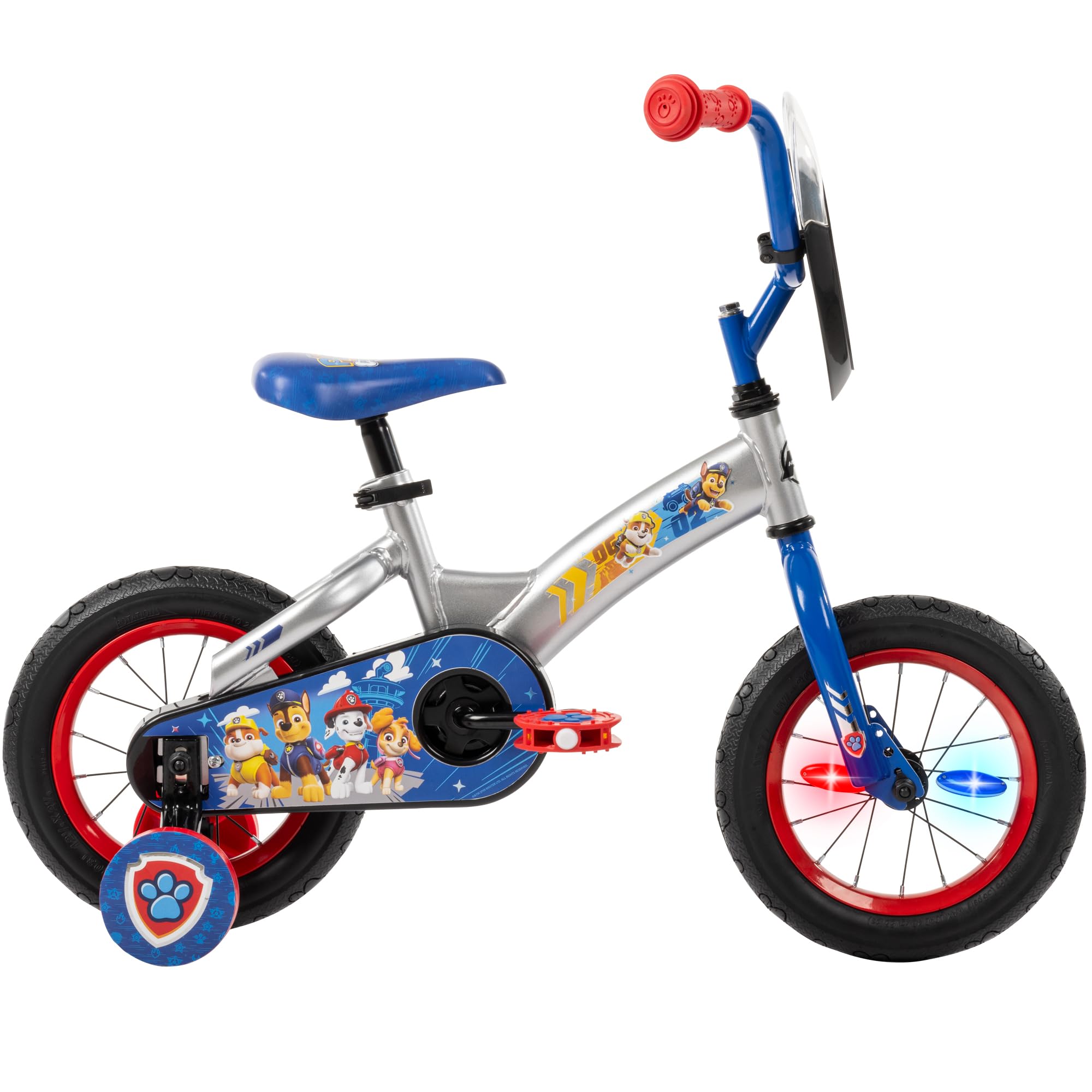 Huffy Paw Patrol 12 Inch Kids Bike with Training Wheels, LED Spoke Lights, Bicycle for Kids Age 3-5, Max Weight 60lbs, Silver Steel Frame, Paw Patrol Shield Feature