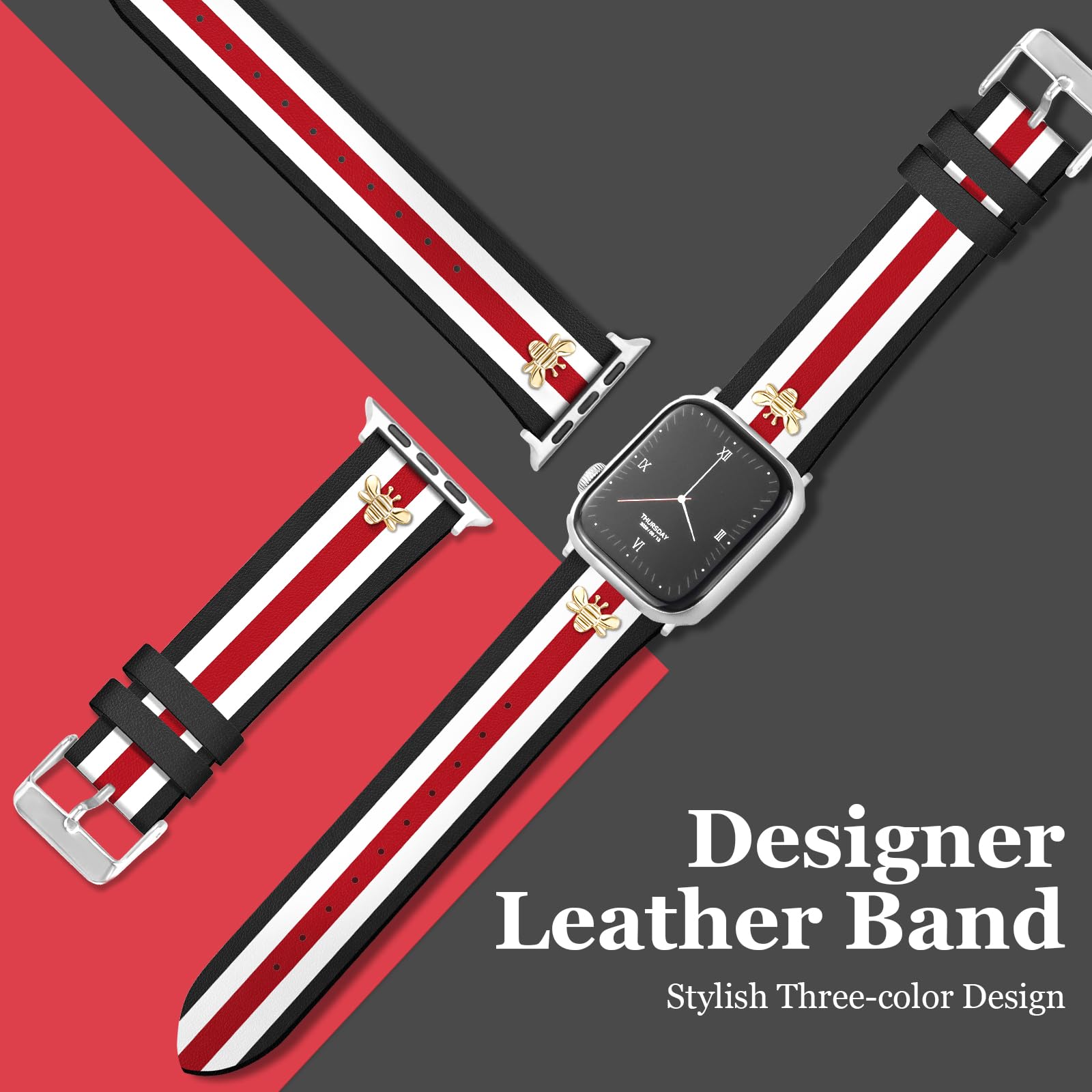 MOINSPIRE Designer-Lederarmband mit Charms, kompatibel mit Apple Watch 38 mm, 40 mm, 41 mm, 42 mm (S10), 42 mm (S1/2/3), 44 mm, 45 mm, 46 mm, 49 mm, für Damen und Herren, Armband für iWatch Serie 10/9