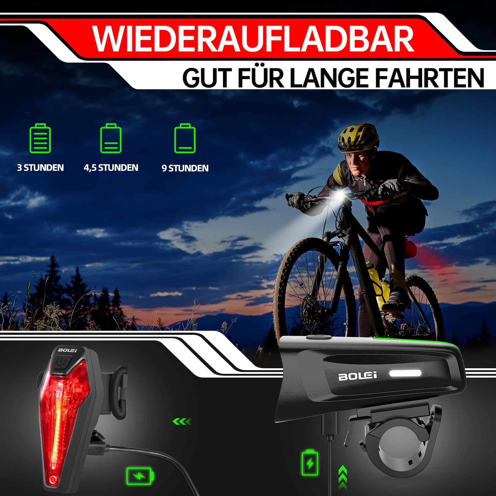 BOLEi LED Fahrradlicht Set 100 LUX| StVZO Zugelassen Fahrradlampe |Fahrradbeleuchtung USB Aufladbar | IPX5 Wasserdicht Fahrradlichter |Batterie Aufforderung