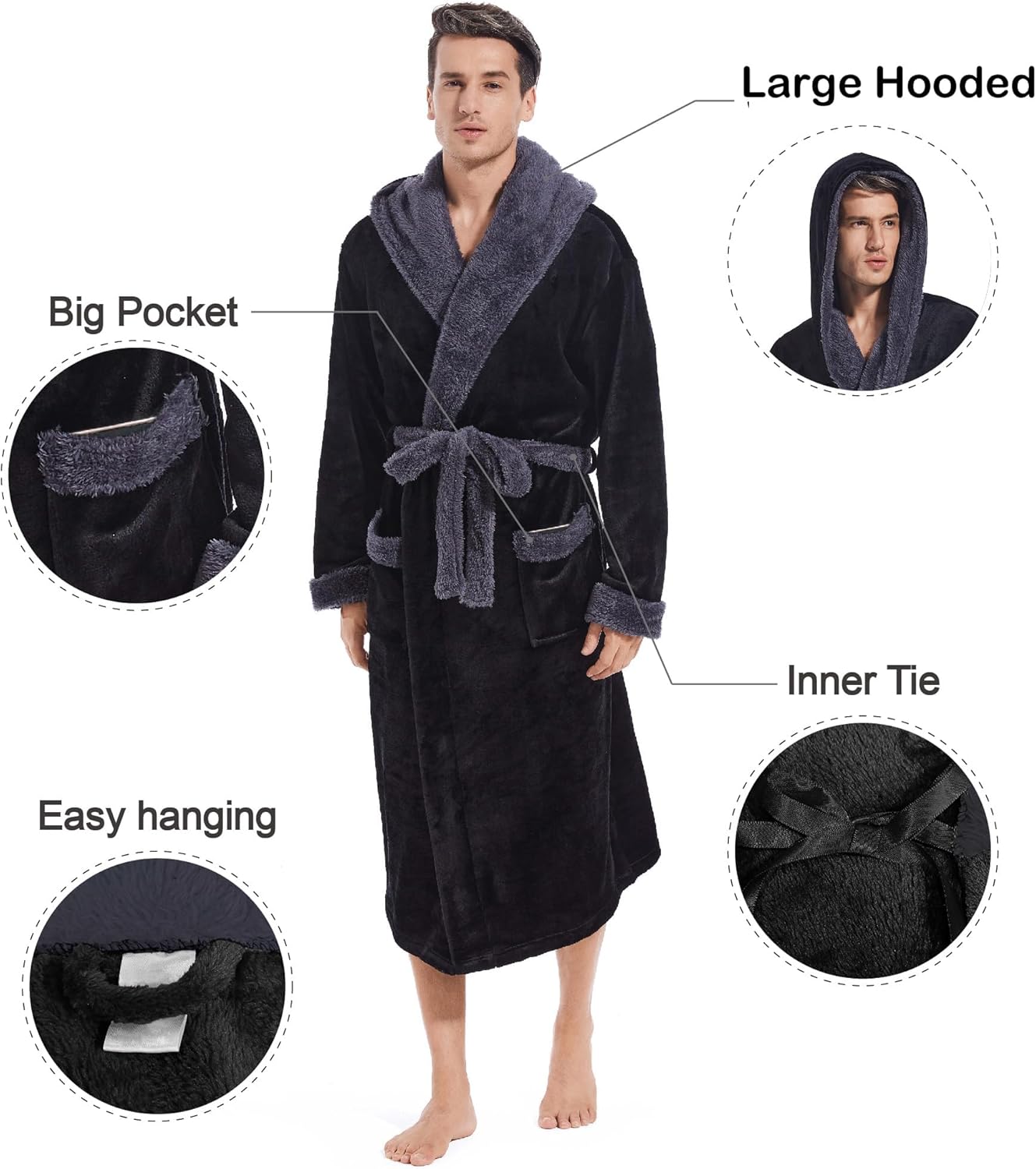Inner Wish Mens Hooded Robe, Plush Long Bath robes Cozy Warm Bathrobe Fuzzy male Spa Robe With Pockets - Image 4