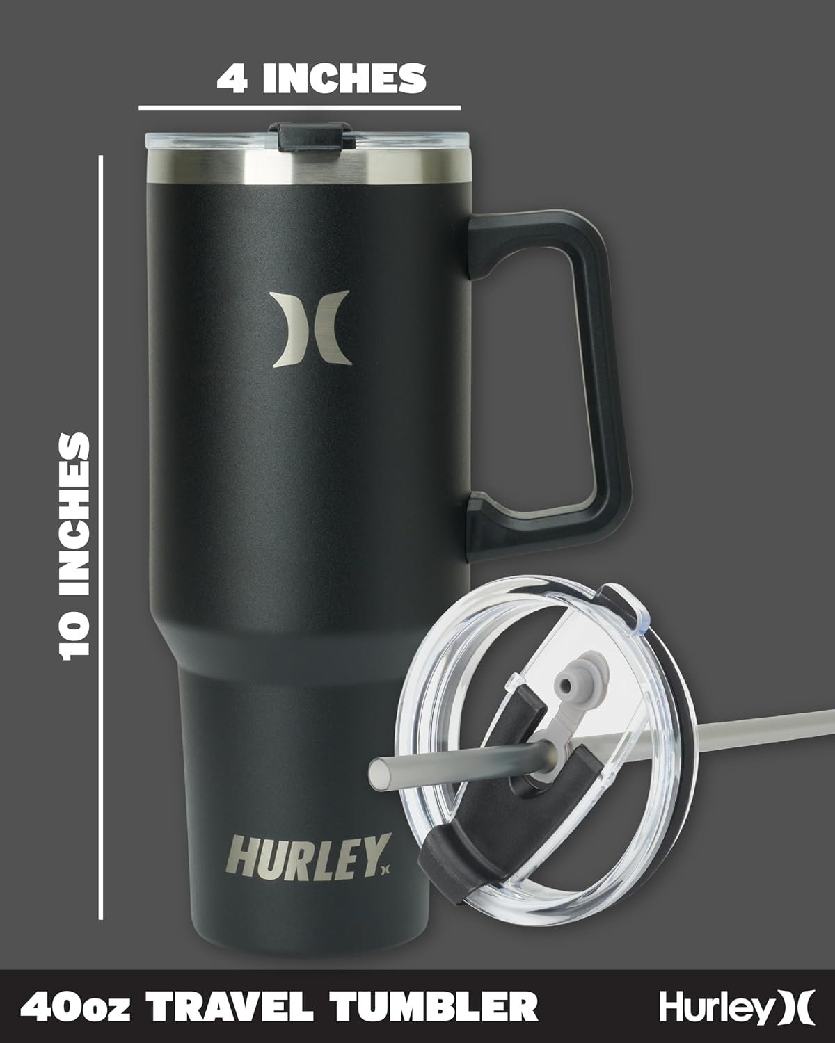 Hurley Tumbler Thermos - 40oz Double Wall Vacuum Insulated Travel Mug with Handle - BPA Free Stainless Steel Water Bottle - Leak Proof Hot and Cold Coffee Car Cup, Size 40 Ounces, Black
