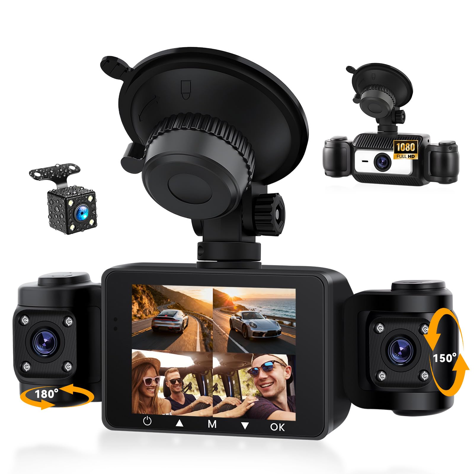 SIXWIN Dash CAM Coche 360° 4 Cámaras, 1080P, Pantalla Táctil IPS 2.4", Monitor de Estacionamiento 24H, Sensor G, Visión Nocturna, Asistente Marcha Atrás, Compatible 128GB, Universal para Todo Coche