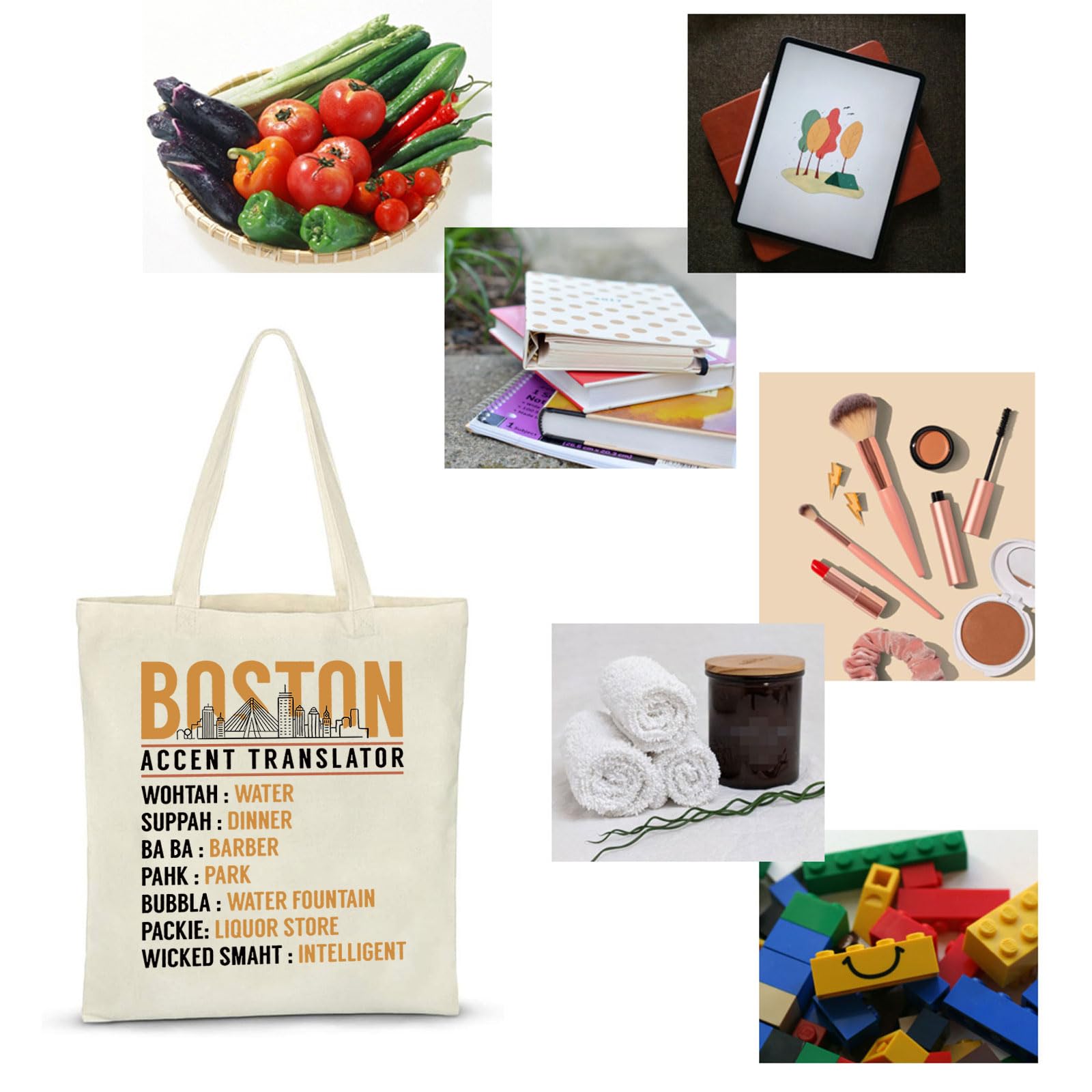 ZJXHPO Boston Accent Translator Tote Bag State Massachusetts Souvenir Bostonians Reusable Shopping Bag Boston Skyline Gift