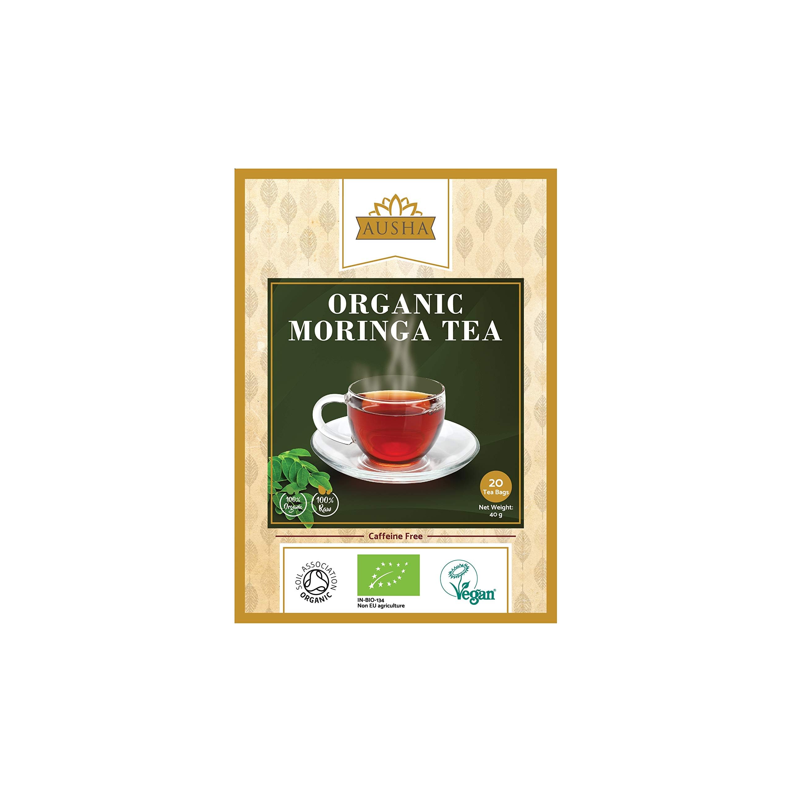 Organic Moringa Tea Bags - 40 Bags - Caffeine Free - UK Certified Organic by Soil Association - Source of Protein, Amino Acids, Antioxidants, Dietary Fibre, Vitamins & Minerals - Oleifera Leaf