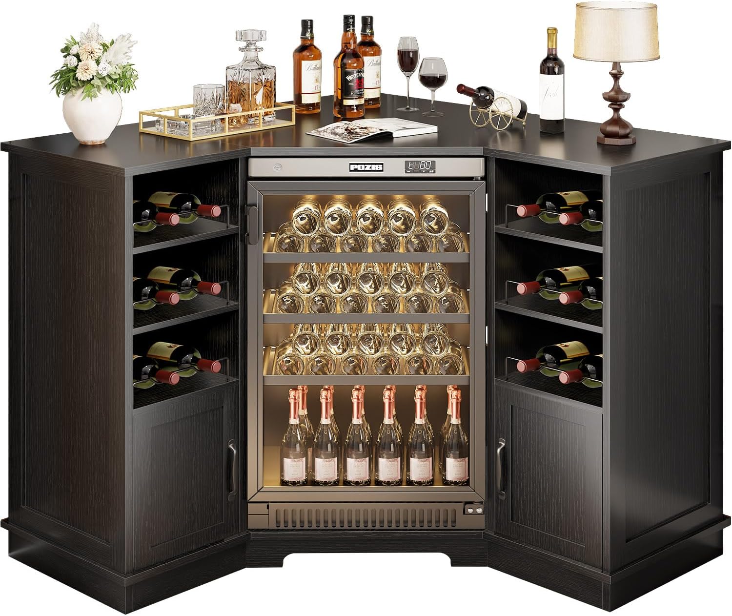HSH Corner Bar Cabinet with Mini Fridge Space, Modern Wood Bar Cabinet with Wine Racks & Storage Doors, Large Liquor & Wine Cabinet for Kitchen Living Room Home Bar, Black Oak, 40 Inch