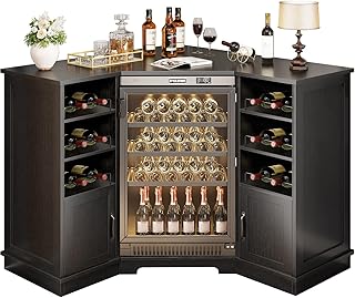 HSH Corner Bar Cabinet with Mini Fridge Space, Modern Wood Bar Cabinet w...