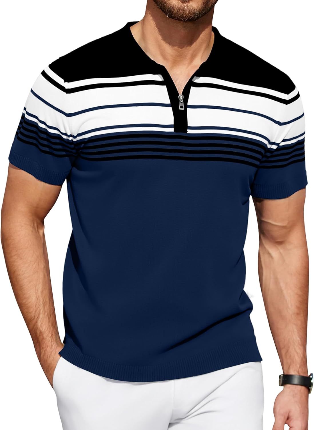 KUYIGO Men's Knit Polo Shirts Short Sleeve Striped Golf Polo Shirts Lightweight Casual Collared T Shirt