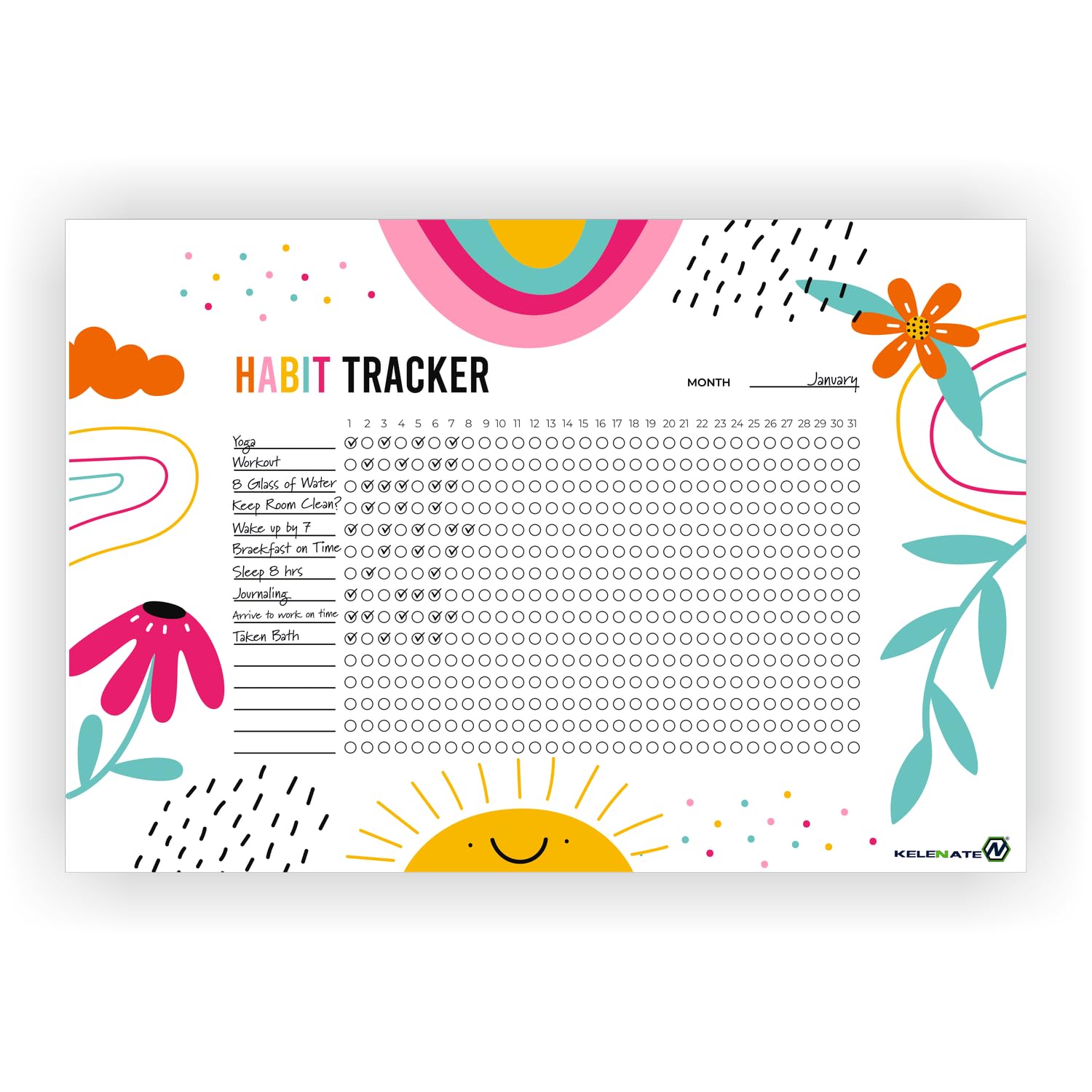 kelenate® (rectangle) habit tracker calendar - inspirational habit journal - 12 sheets daily habit tracker journal and goal board - motivational goal journal - great tool for productivity and workout (design-15)