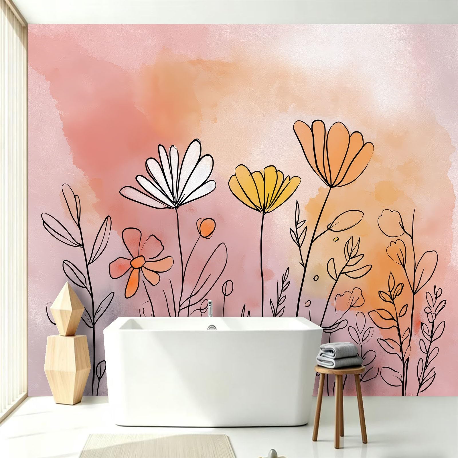 Générique Tapeta z włókniny ręcznie rysowany krajobraz 400 x 280 cm - Idealna dekoracja ścienna 3D do salonu, sypialni, jadalni - linia kwiatów