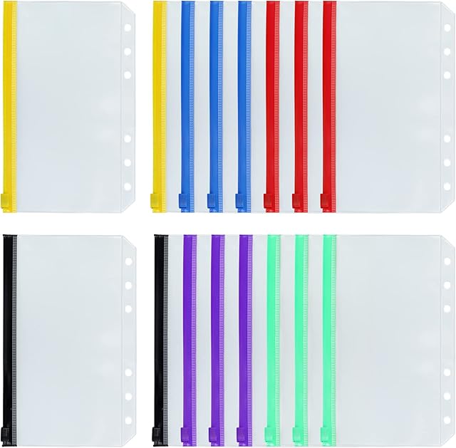 16Pcs Binder Pockets A5 Size 6 Holes Zipper Binder Pouch Folders for 6-Ring Notebook Binder Loose Leaf Bags, Waterproof PVC Pouch Document Filing Bags, 6 Colors