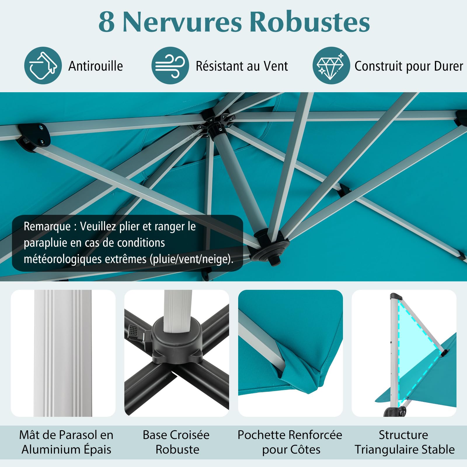 COSTWAY Parasol Déporté 3x3M, Carré de Jardin Avec Base en Croix, Inclinable 5 Angles et Hauteurs Réglables, Excentré Rotatif à 360° Avec Manivelle et Double Toit (Bleu)