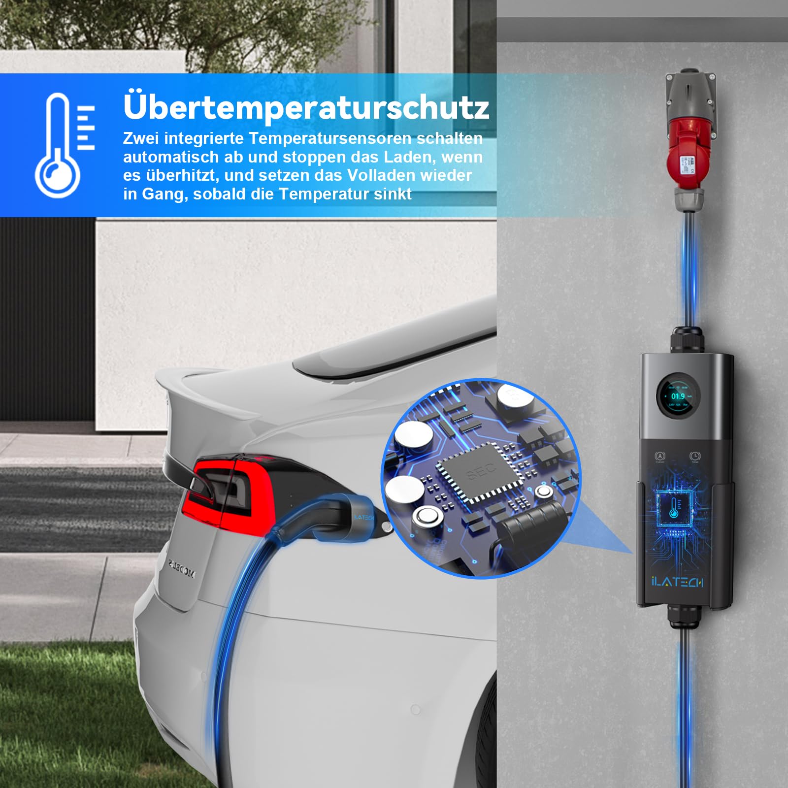 Mobile Wallbox 22kW, EV Ladegerät 32A für EV PHEV mit Typ 2 Ladekabel 5M, LCD Display, IP66 Wasserdicht mit Kabelhalterung Aufbewahrungstasche und Adapter CEE 32A Rot 3 Phasig + EU Schuko 16A
