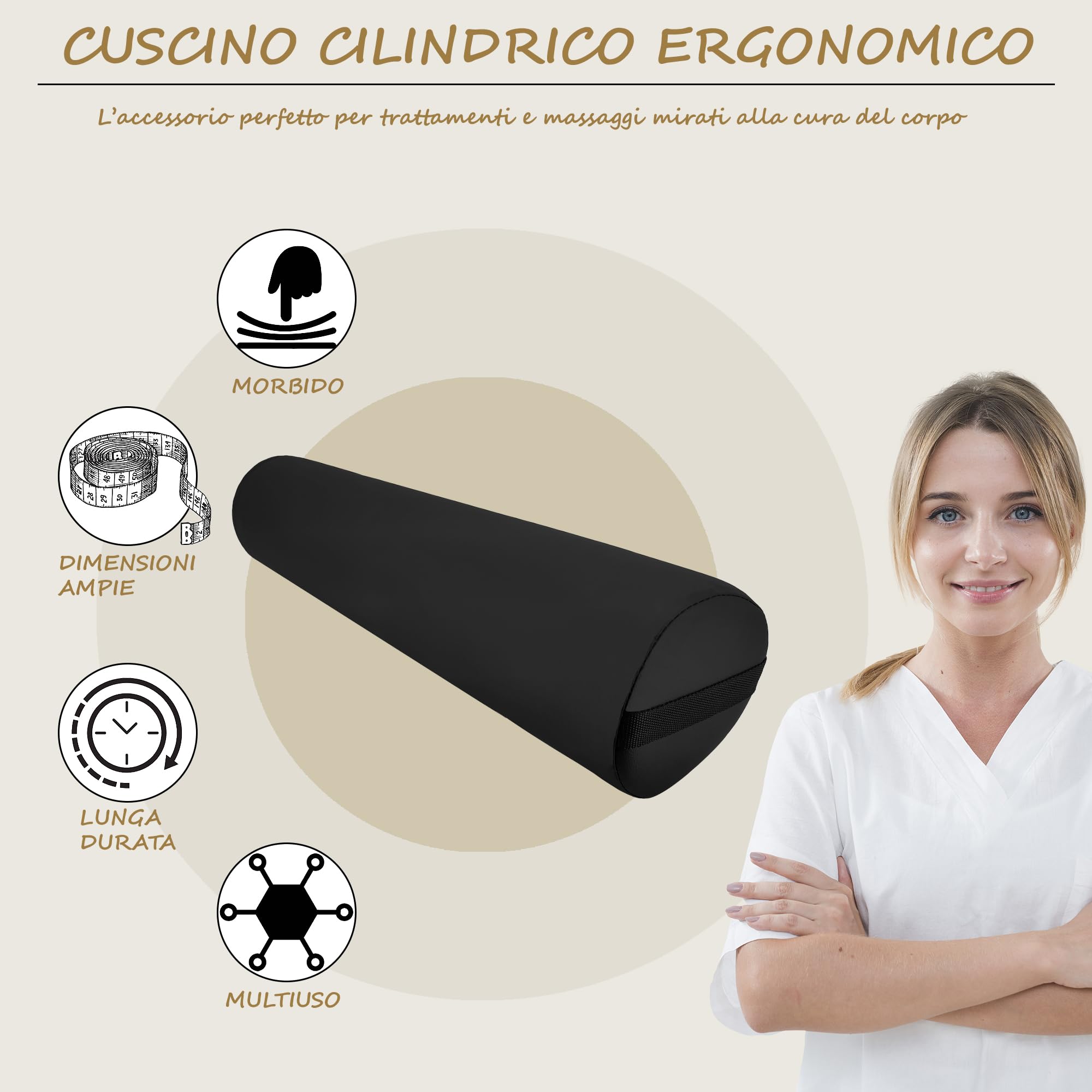 Beltom® CUSCINO CILINDRICO ROTONDO PER MASSAGGIO e FISIOTERAPIA UTILE PER ESTETISTA E RELAX - NERO