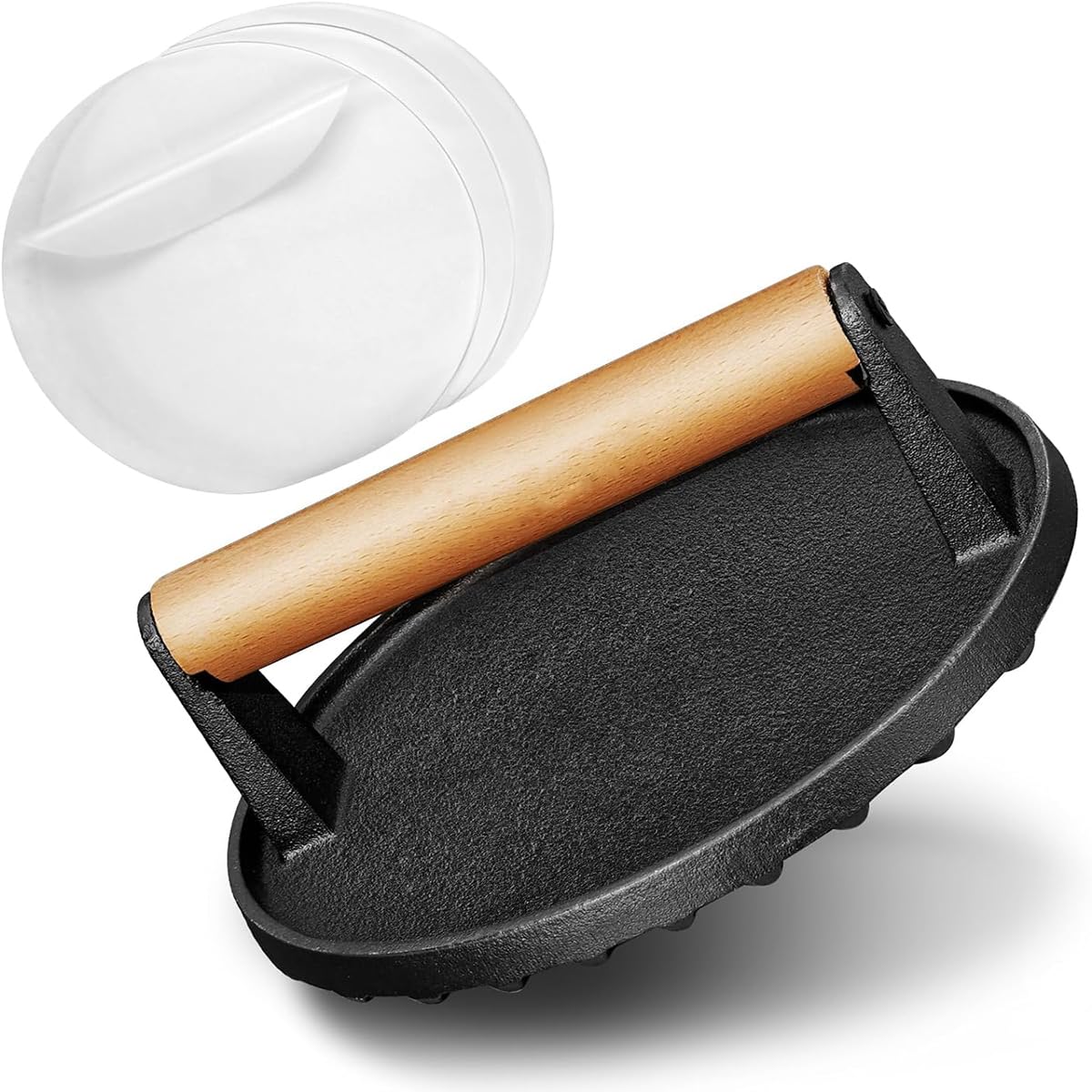 ALMEKAQUZ Smash Burger Press, Round Press with Wood Handle, Perfect Hamburger Press Patty Maker, Food-Grade Cast Iron Burger Smasher for Griddle Incl, with Thickened 50Pcs Patty Paper (17.5cm)