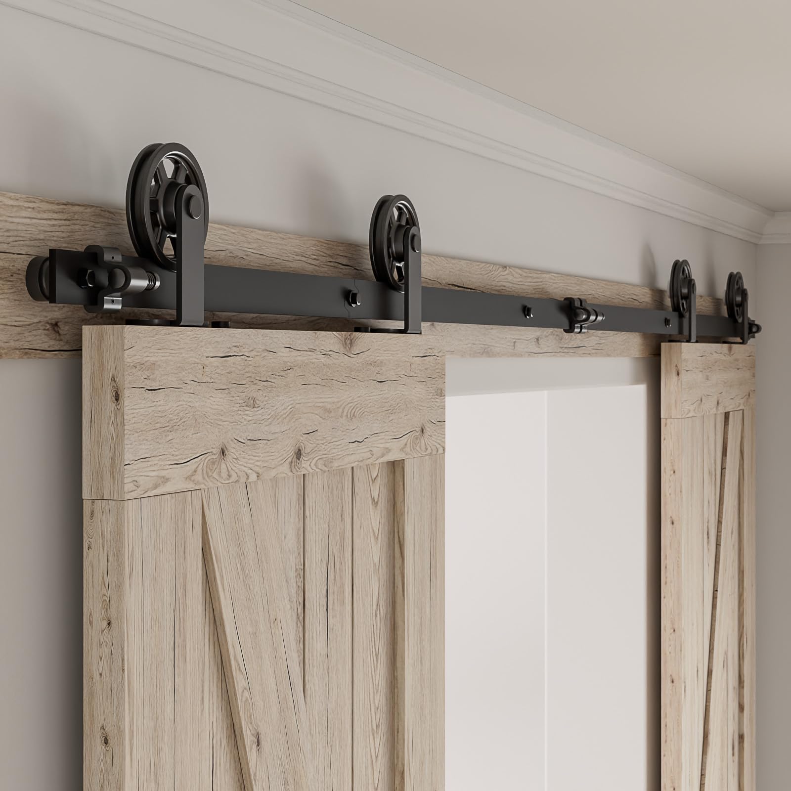 Herrajes Puertas Correderas Doble 325cm Rieles Kit Puerta Corredera Negro para 2 Puerta Corredera Madera 81cm Ancho, Pequeña Rueda T-forma — view 15