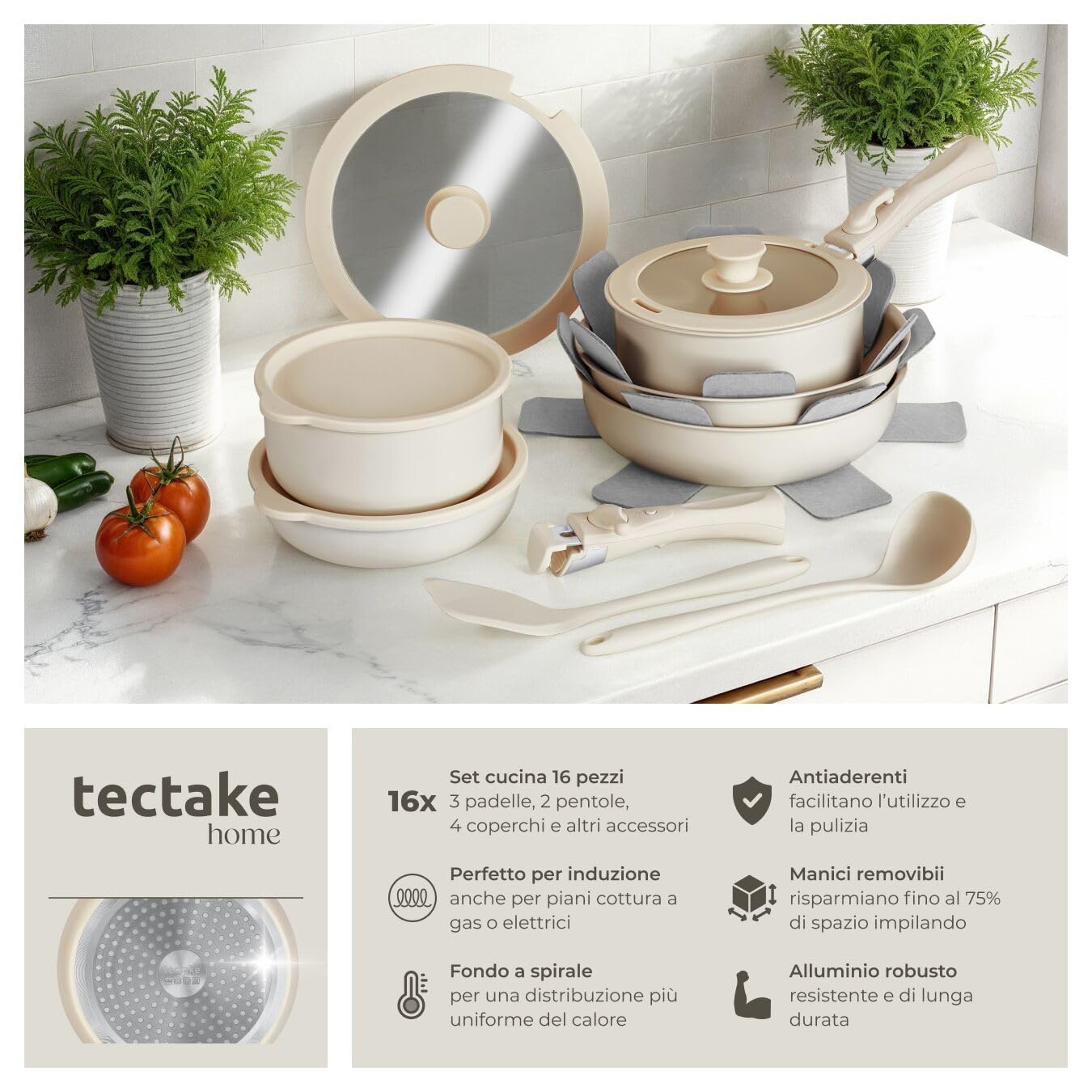 tectake®, Set di pentole 16 pezzi, set pentole induzione anche per piani a gas, elettrici, rivestimento antiaderente in ceramica, manici removibili - 2 Padelle, 2 Pentola, Pot, 4 Coperchi - Bianco