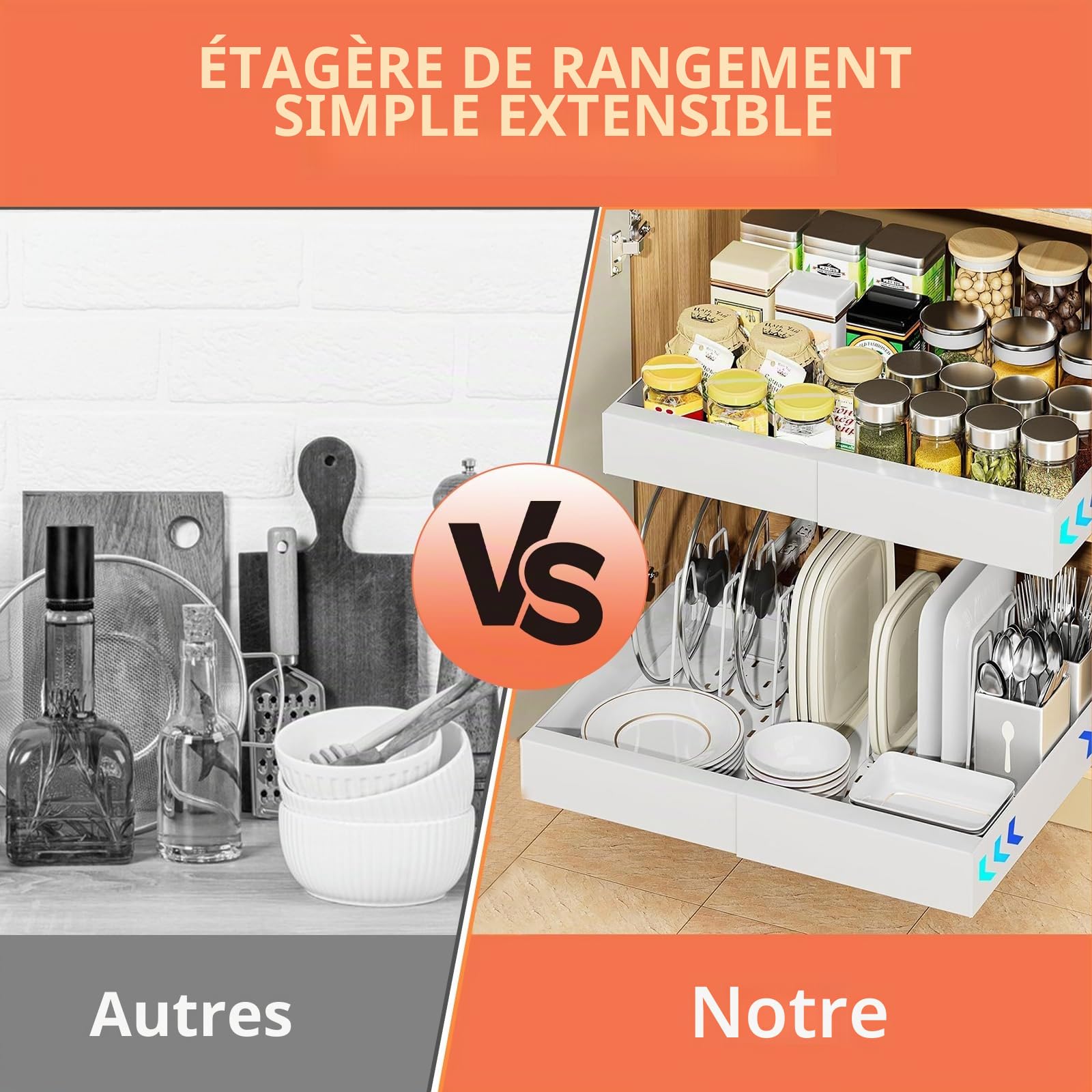 2pcs Tiroir Coulissant Cuisine, Organisateur d'armoire coulissant, tiroirs coulissants extensibles et de rangement, Tiroir Coulissant Cuisine Adhesif, avec garde-corps élevé (32 cm à 52 cm)