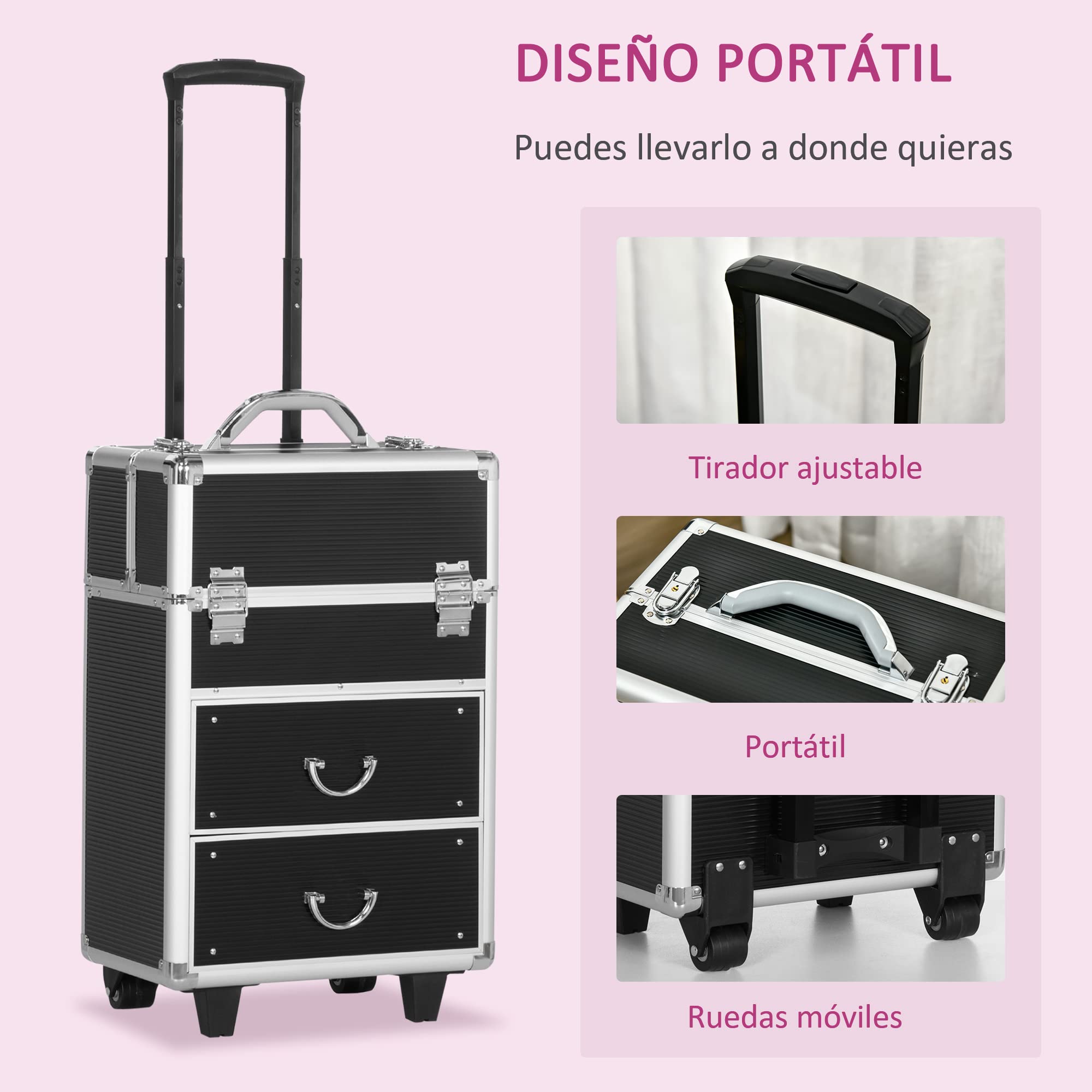 HOMCOM Maletín de Maquillaje Profesional Estuche para Cosméticos con Ruedas Maleta de Maquillaje con 6 Cajones Extensibles Cerradura 2 Llaves y Asa Retráctil 36x23x58 cm Negro