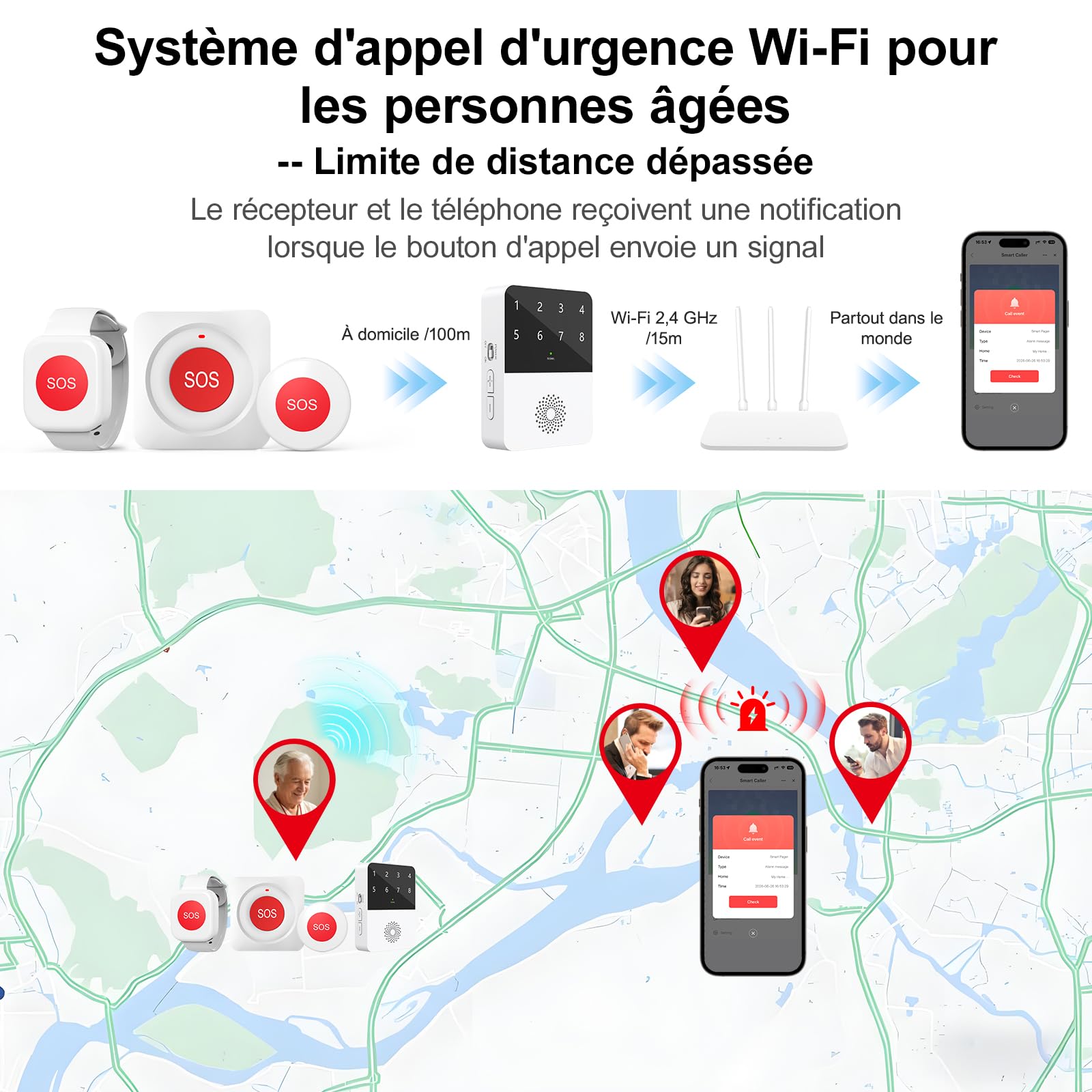Bouton d'appel d'urgence pour Personnes âgées avec WiFi, Bracelet SOS pour Personnes âgées, Bouton d'alarme Mobile, Bracelet d'appel d'urgence pour Patients et handicapés