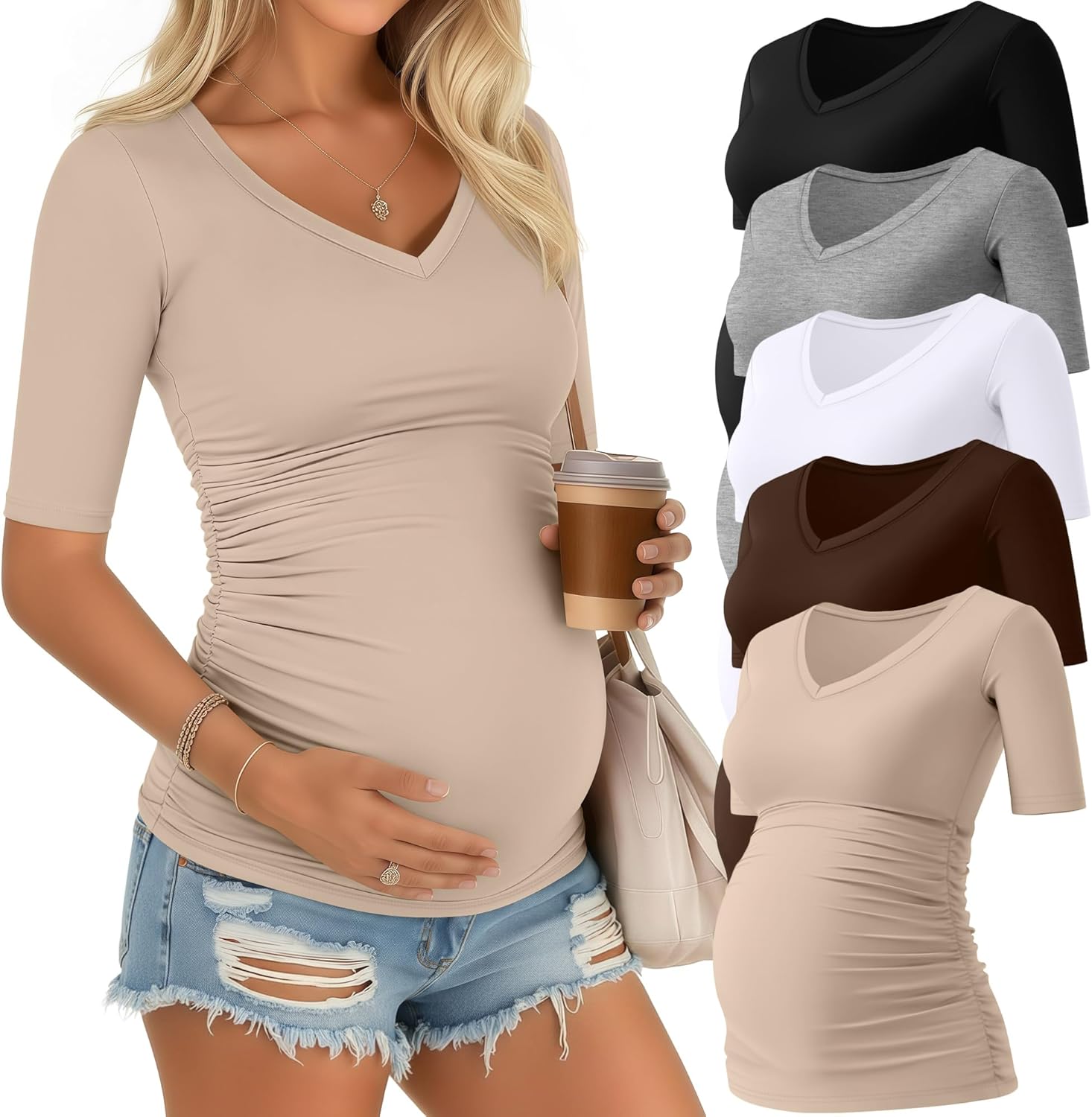 Riyiper 5 Pack Women's Maternity Shirts V Neck Half Sleeve Maternity Tops Side Ruched Casual Tee Pregnancy Clothes