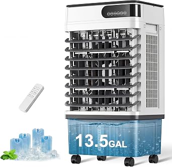 Uthfy Swamp Cooler, 41 Inch Evaporative Air Cooler with 13.5 Gal Large Water Tank, 3600 CFM, 120 Oscillation, 3 Modes & 3 Speeds, Remote, 12 H Timer, 4 Ice Packs, Portable Air Conditioner for Outdoor