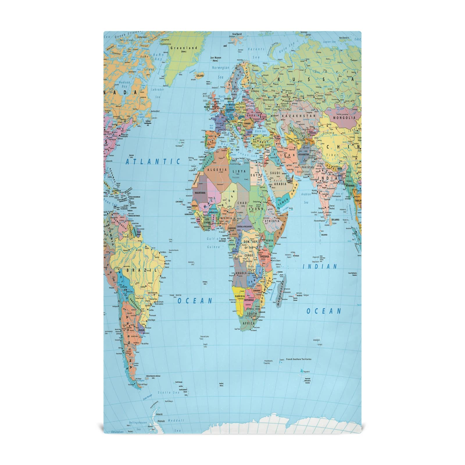 Colorful World Map with Turquoise Ocean Background 1 Pack Polyester Kitchen Dish Towel, Hand Bar Tea Towels with Hanging Loop, Hemmed NapkinTowel Dishtowels Waffle Dishcloths