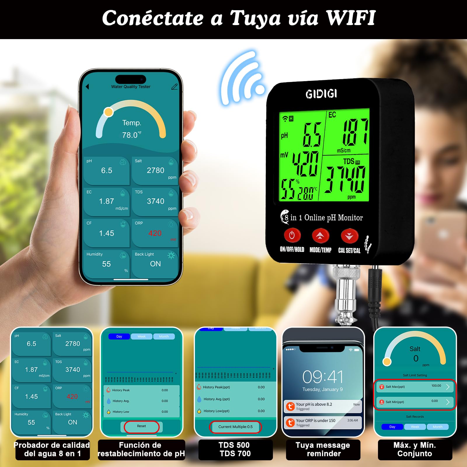 Medidor pH Acuario inteligente, Continuo pH Hidroponia Monitor, La Pantalla Grande Puede Mostrar Múltiples Parámetros Simultáneamente, 8 en 1 pH EC PPM ORP Sal y Humedad para Acuario,Hidroponia