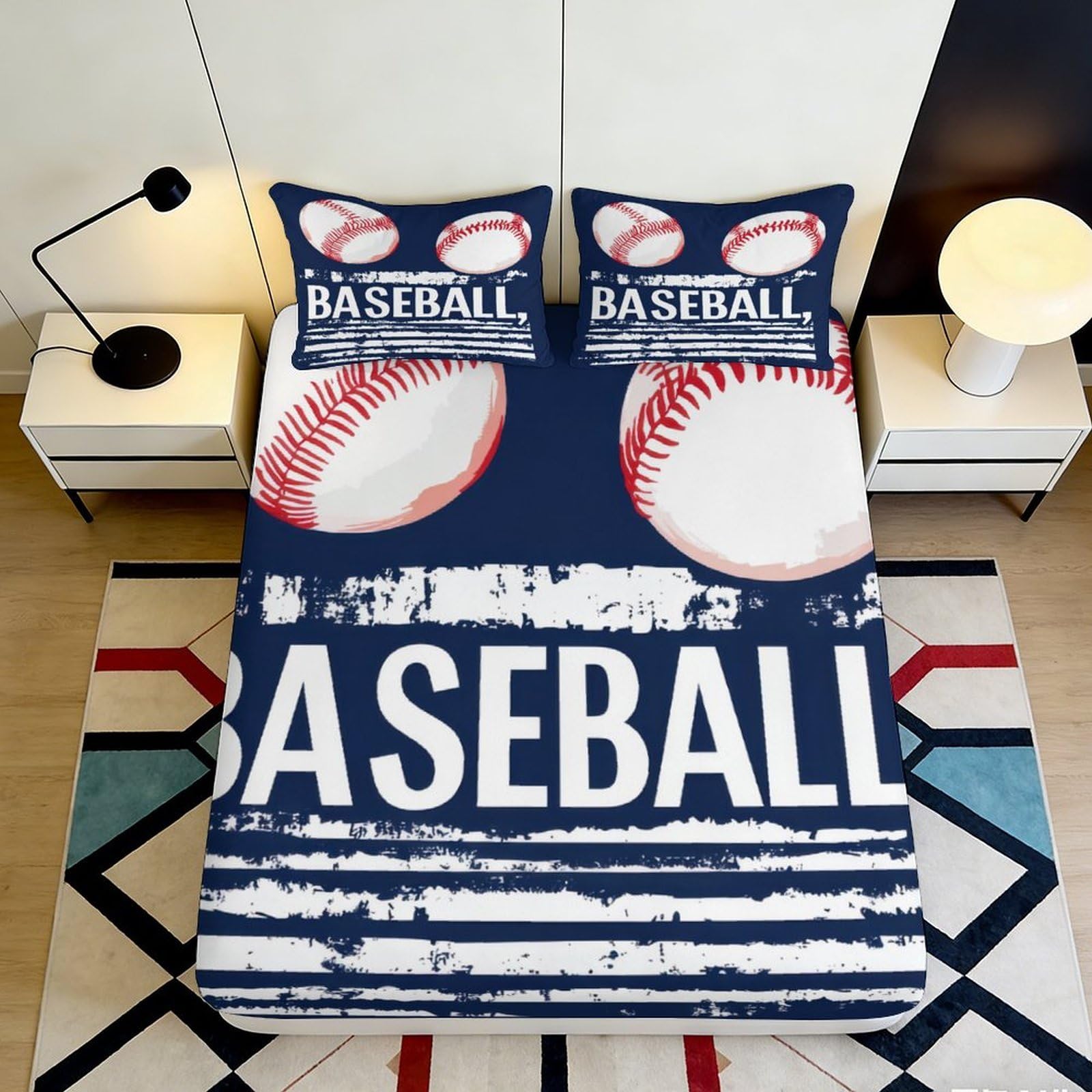 3D Printed Baseball Fitted Sheet Microfiber Deep Pocket Bedroom Bedding Baseball Mattress Fitted Cover Elastic Hem Washable Protection 200x200x25cm