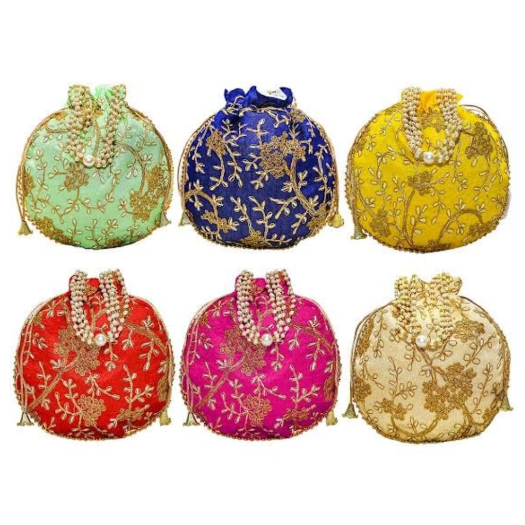 AT Traders Colorful Embroided Moti Handle Pattern Royal Batwa Bag Bridal Purse Women handbag Shagun Pouch Return Gifts-image-36