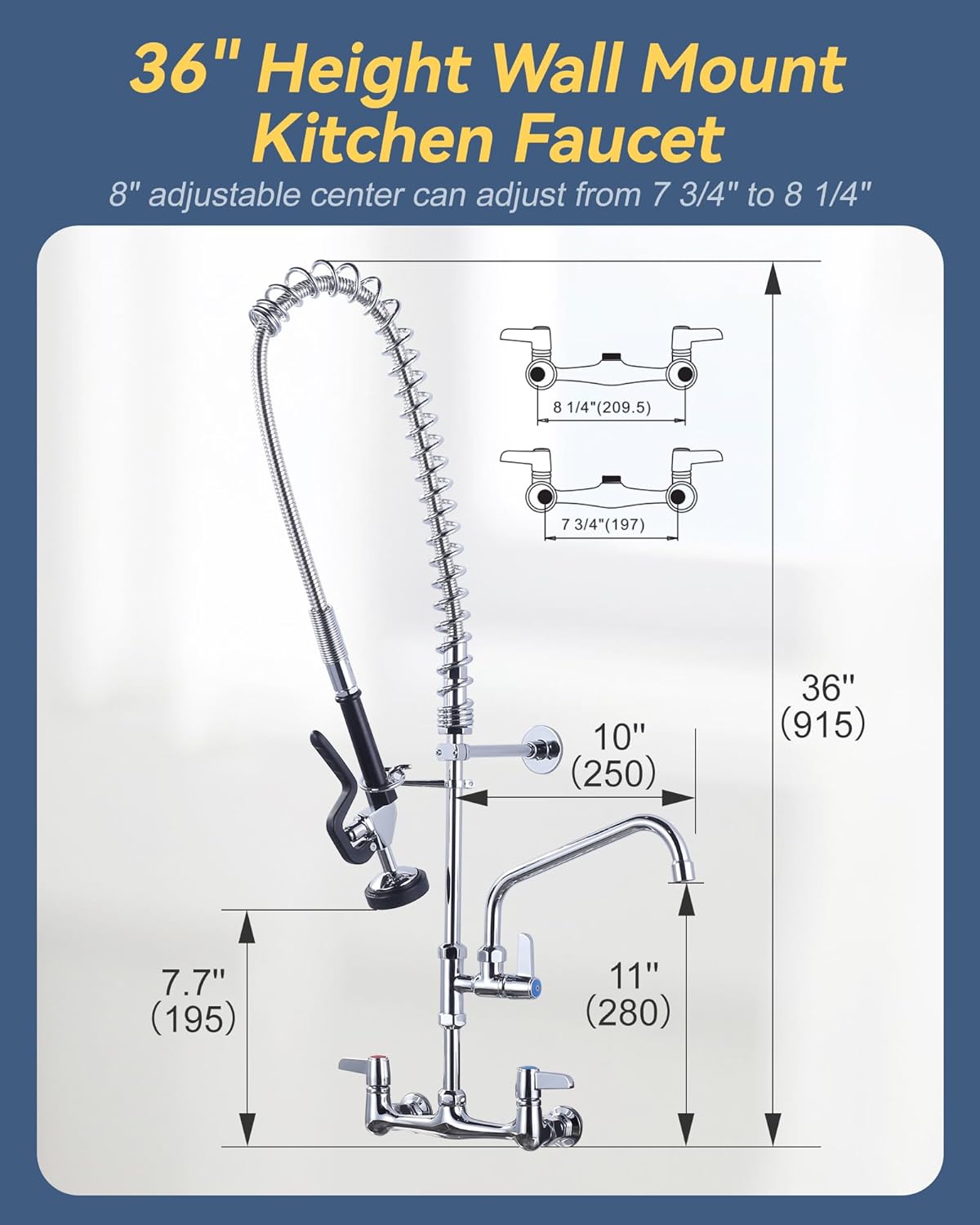 Commercial Kitchen Sink Faucet with Sprayer: ARCORA 36" Height Commercial Kitchen Faucet Wall Mount 8'' Center with 10" Add-on Swing Faucet Chrome