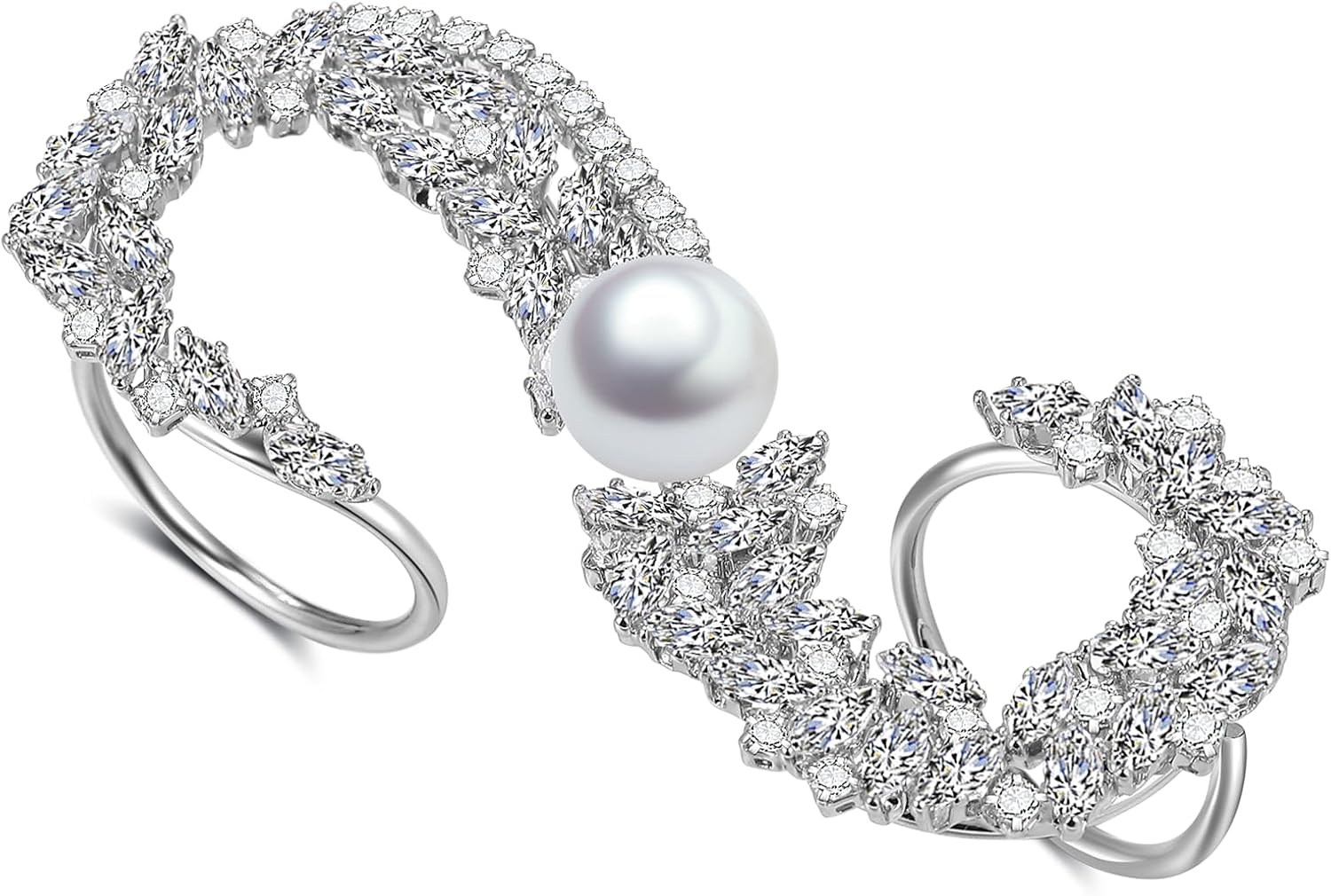 Statement Ring for Women, Silver CZ Hand Palm 3 & 4 Finger Ring Bracelet Unique Leaf Design Full Finger Ring Jewelry Gift for Women Adjustable Size