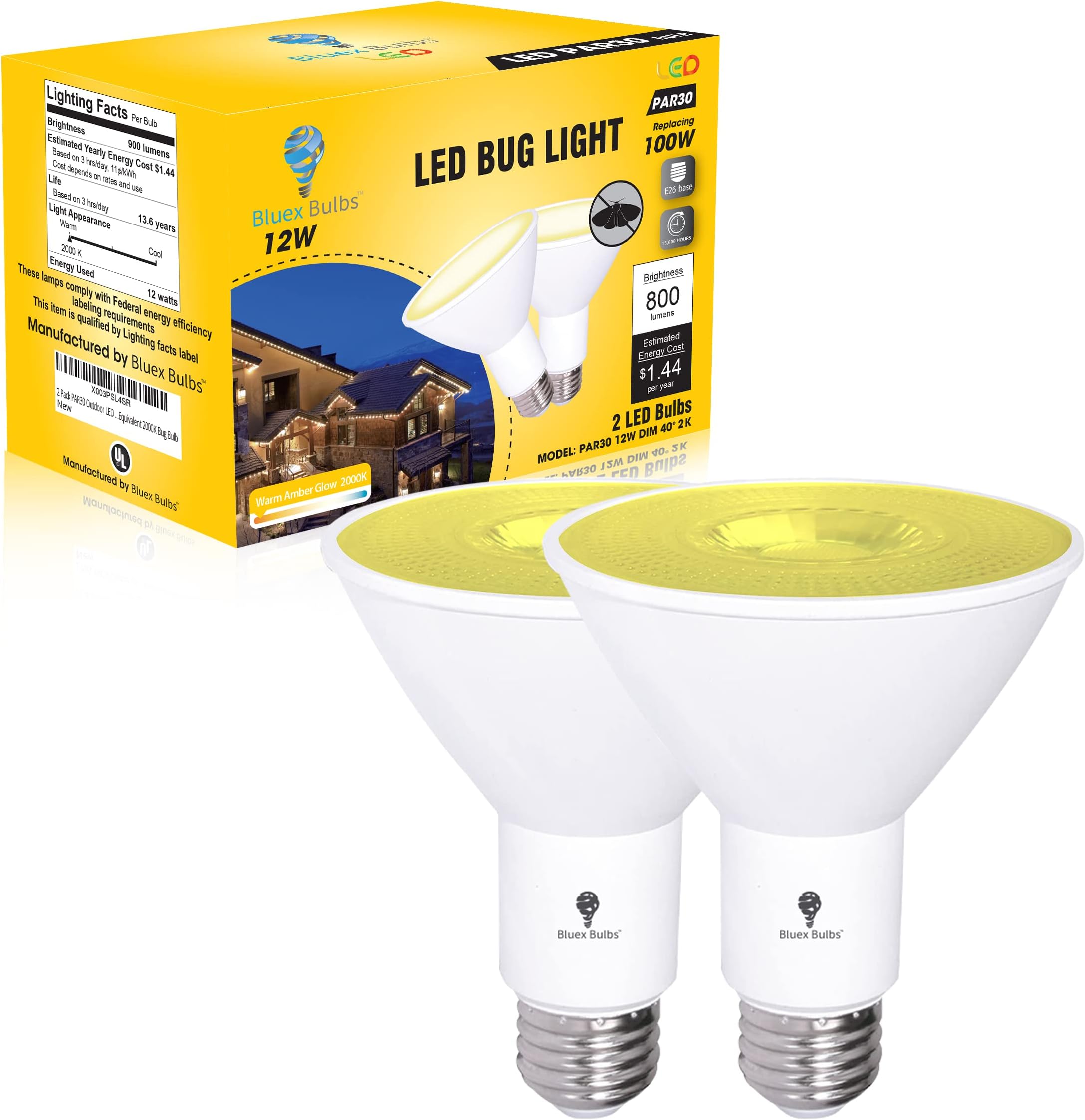 2 Pack PAR30 Amber Yellow LED Bug Light Bulb Outdoor LED Flood Light Bulb 12W 100 Watt Equivalent Dimmable Waterproof E26 Bug LED Yellow Light Bulbs Warm Bug-Free Lighting for Home Insect Repellent