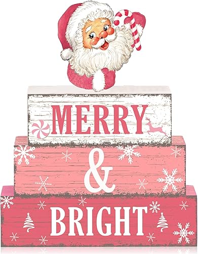 Miniatura 18 de Geelin 4 piezas de decoración de mesa de madera de Navidad de búfalo rojo y blanco, letreros rústicos para decoración de bandeja escalonada de gnomo