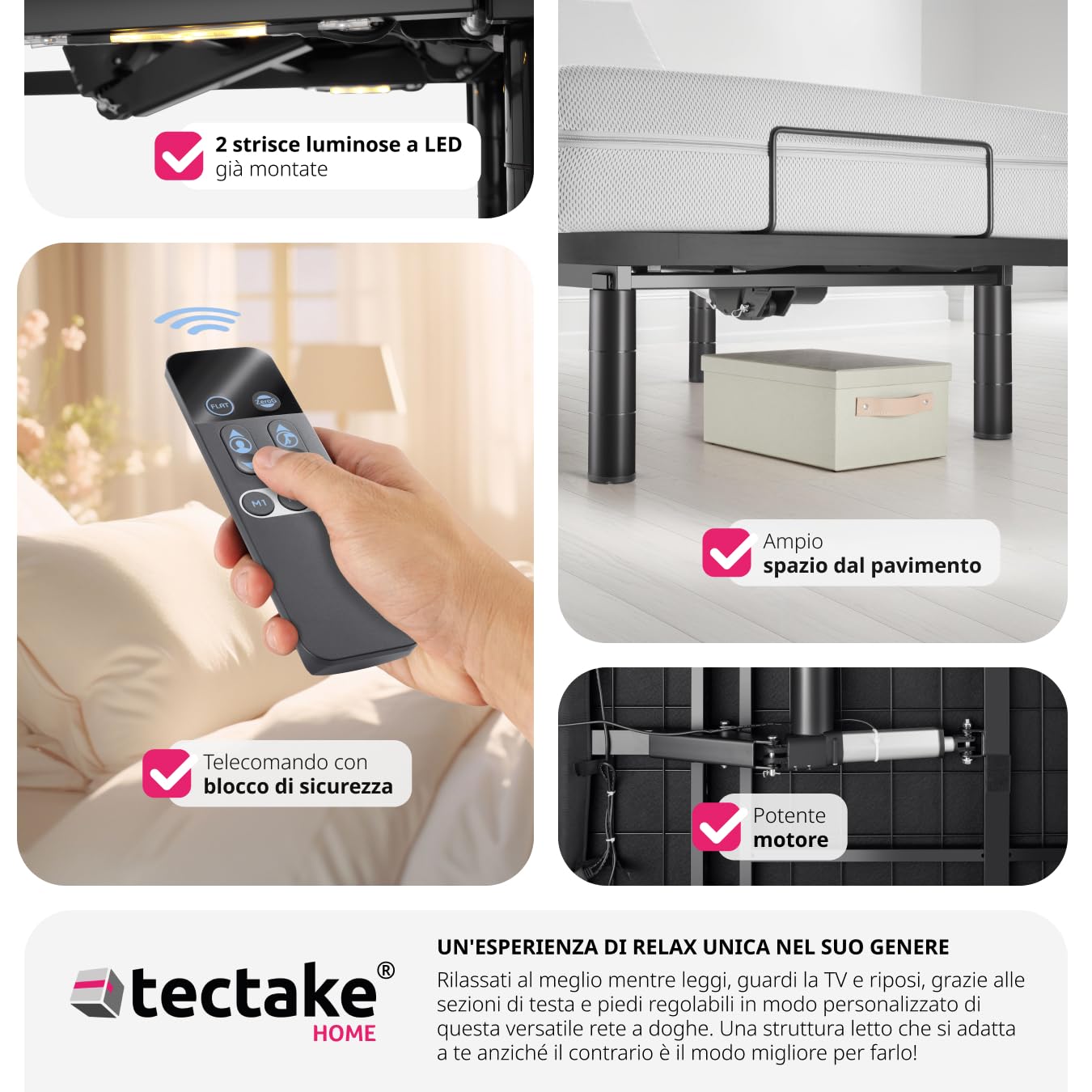 tectake® Letto Regolabile Elettricamente, Letto Regolabile, Elettrico, Due Motori Potenti, Regolazione Continua, Telecomando, Telaio In Acciaio - Antracite/Nero