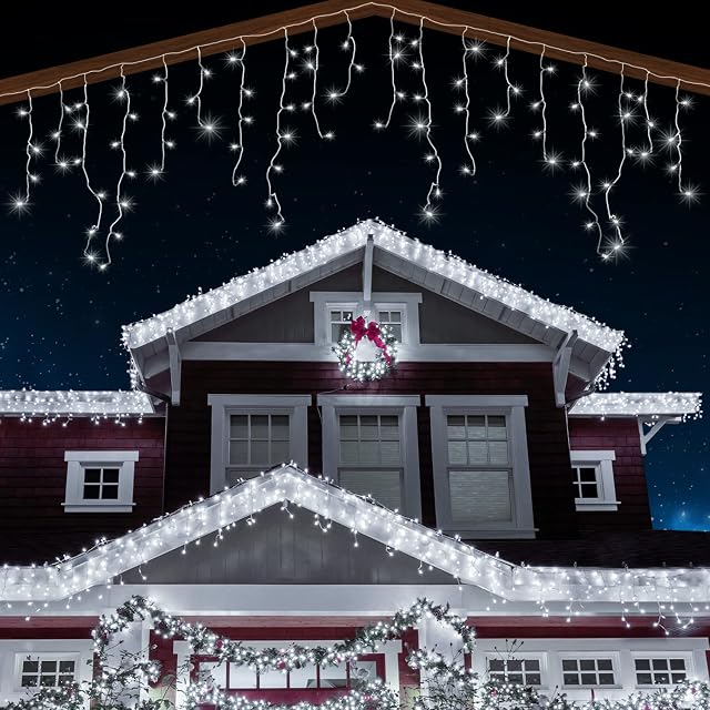 ANSIO® Outdoor Christmas Lights 320 LED 11m/35ft Icicle Lights Outdoor & Indoor Cool White Decorations String Fairy Outside Lights with Timer for Xmas Garden Bedroom & Party|Mains Powered White Cable