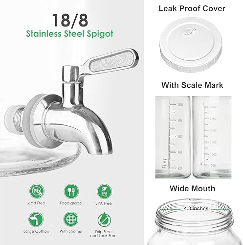 Miniatura 4 de Paquete de 2 dispensadores de bebidas de vidrio de 1 galón para fiestas. Dispensador de bebidas de vidrio con tapa de rosca (anillo de silicona 100%