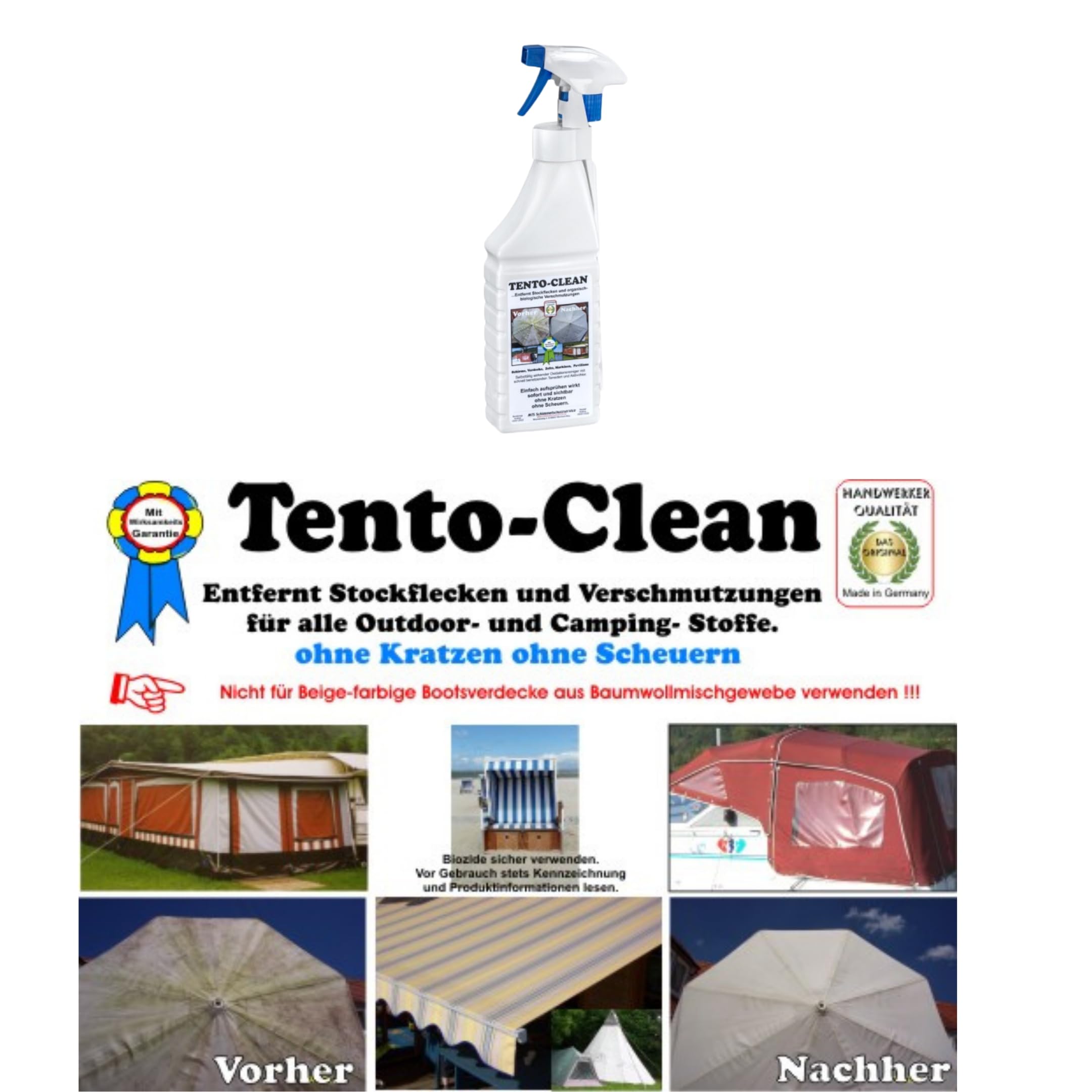 Generisch Stockflecken Entferner Tento-Clean Stockfleckenreiniger 1L Schimmelentferner Stoffe Outdoorstoffe Boot Markise Plane Vogelkot Moder Moos Textilien zahlreiche organische Verschmutzungen