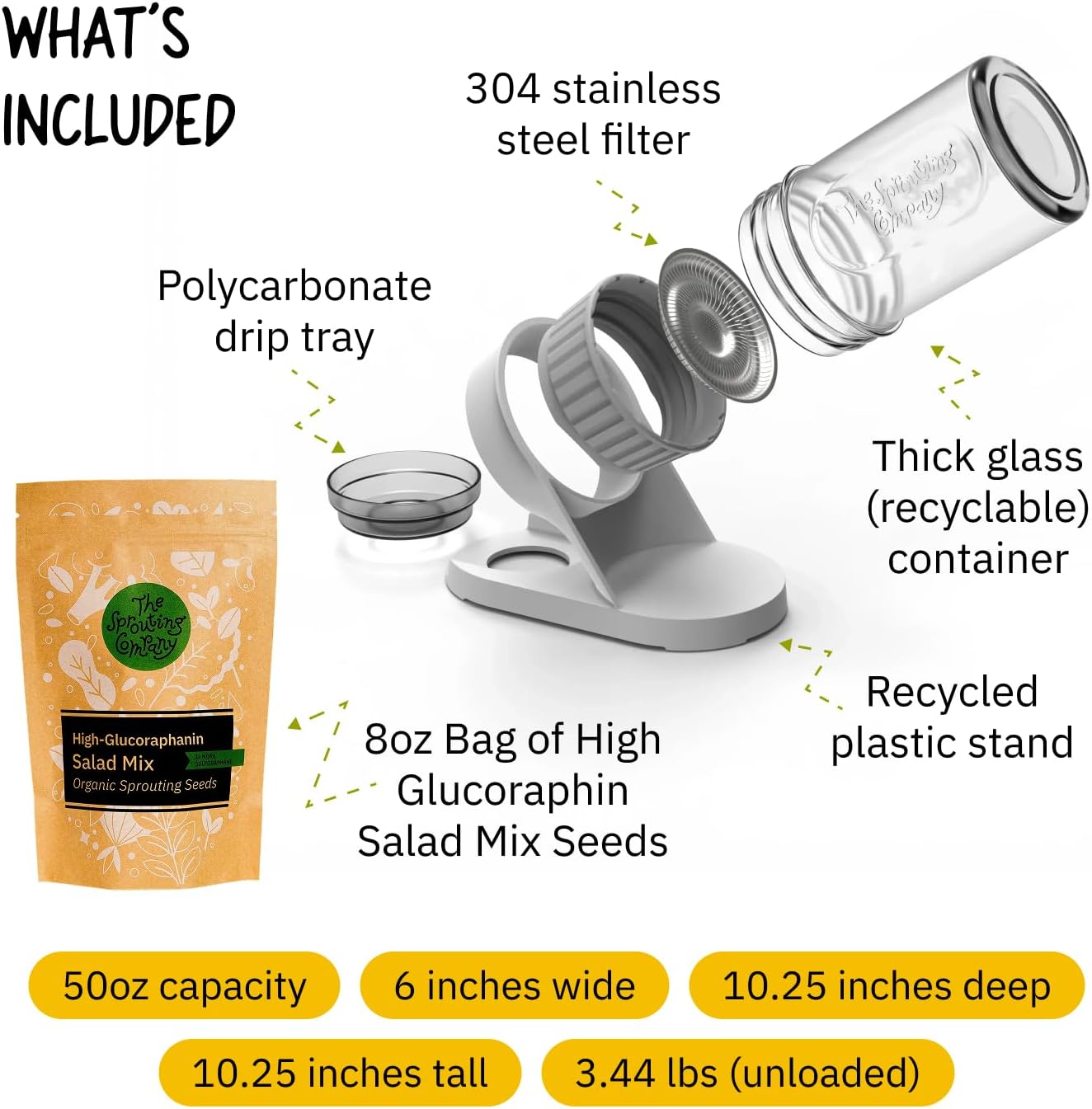 The Sprouting Company Jar Sprouting Kit with 8oz Salad Mix Sprout Seeds