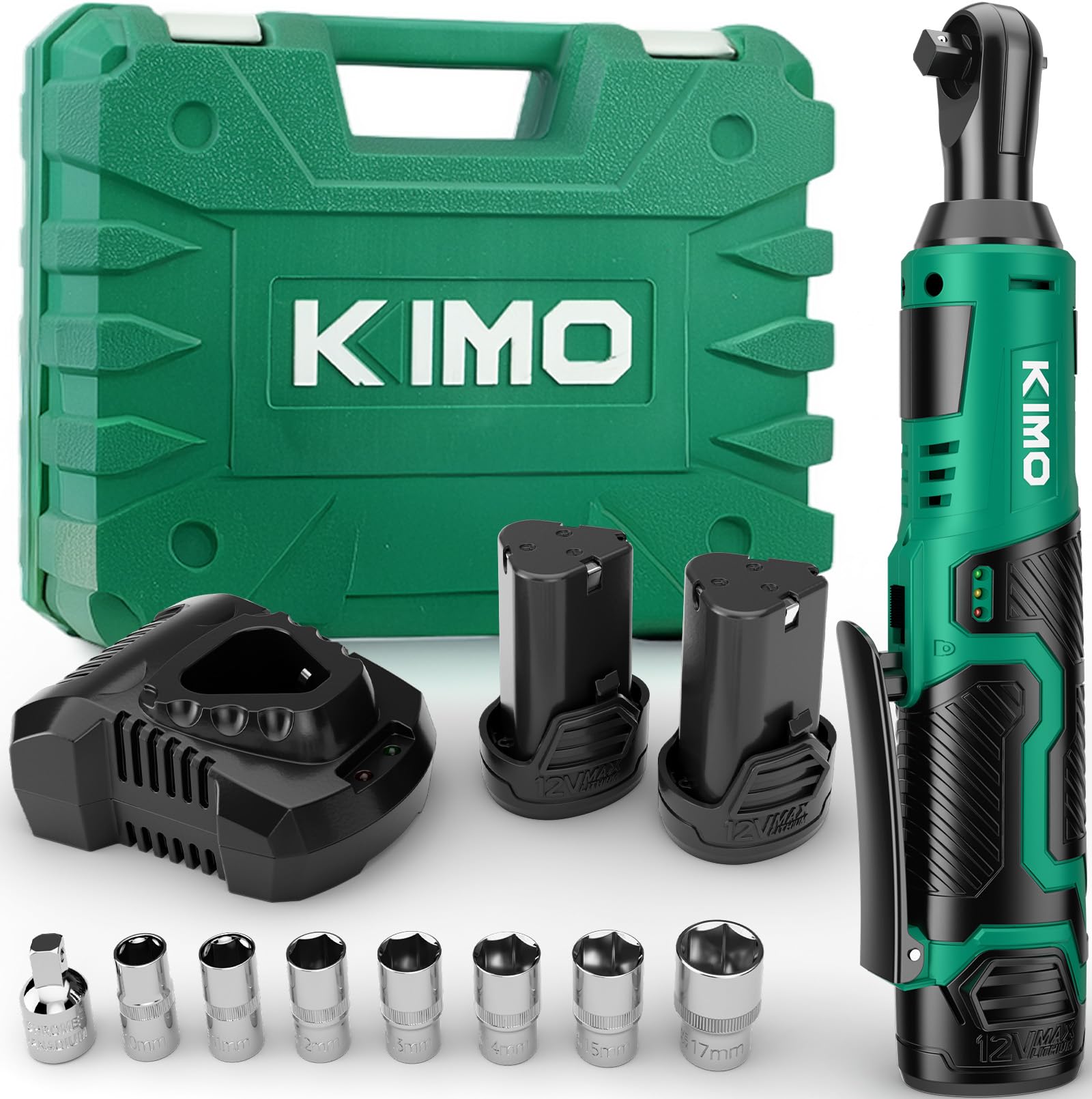 K I M O. Cordless Electric Ratchet Wrench Set, 40 Ft-lbs, 400 RPM, 3/8" 12V Cordless Ratchet Kit w/ 60-Min Fast Charge, Variable Speed Trigger, 2-Pack Lithium-Ion Batteries, 8 Sockets
