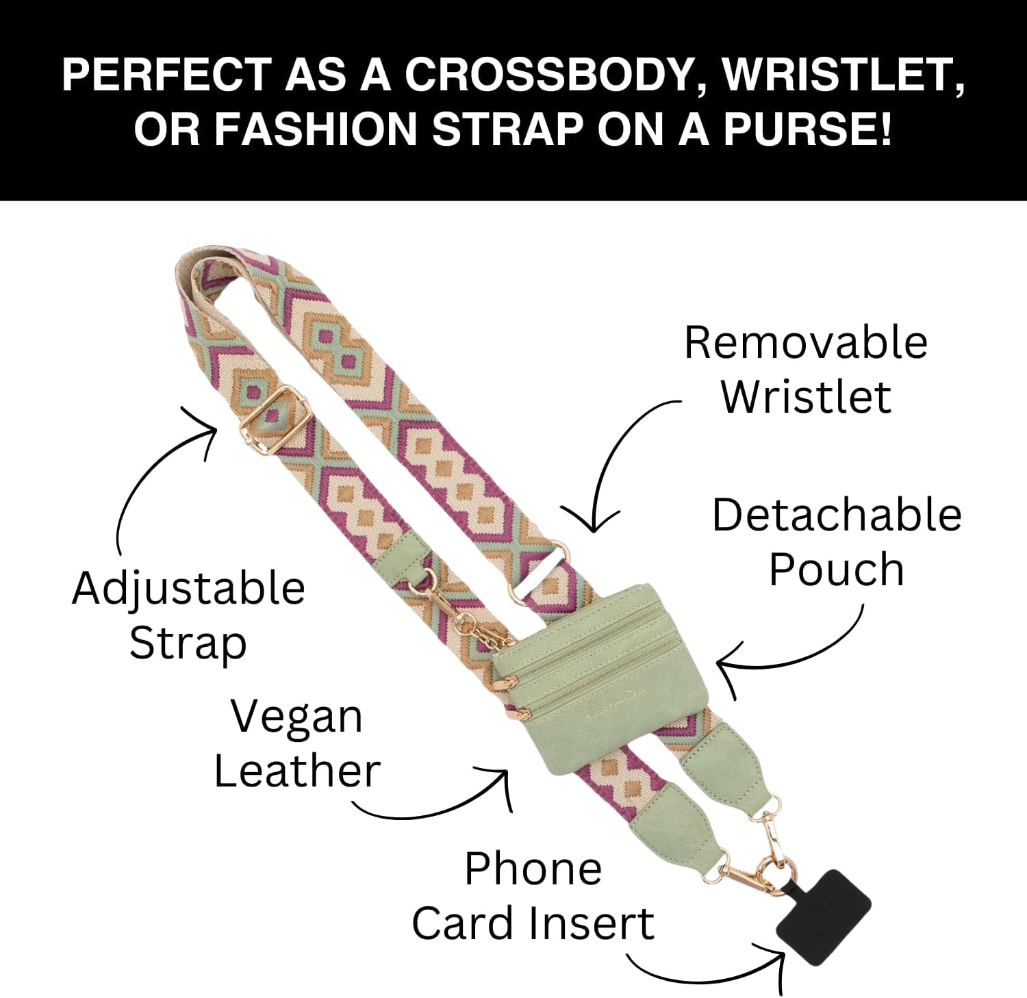 Save the Girls Original Clip and Go Phone Strap Original (Green/Purple Pattern - Green Pouch) - Crossbody Phone Strap Chain with Zipper Wallet Pouch – Phone Lanyard with Zippered Pouch