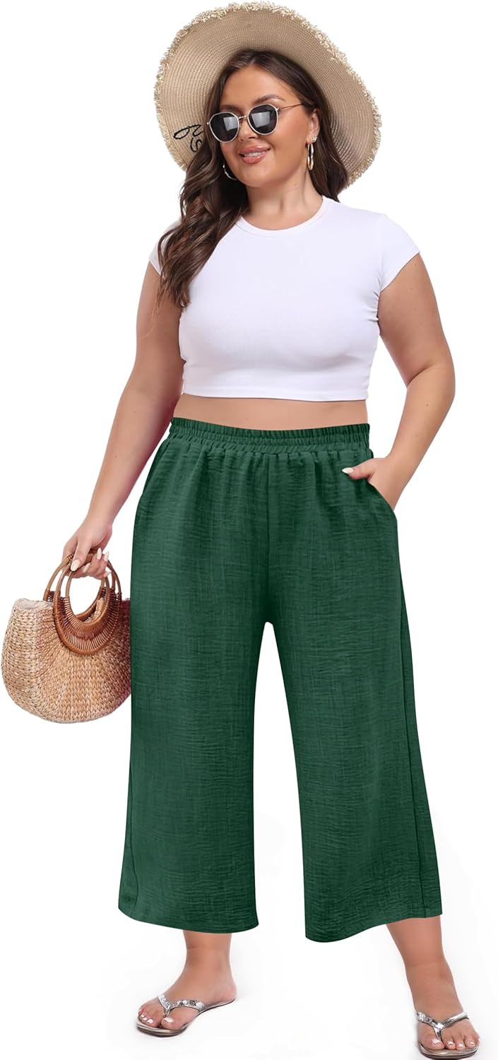 Womens Wide Leg Capri Pants Summer Palazzo Dressy Casual Pant Beach Loose High Waist Lounge Trouser with Pockets - Image 6