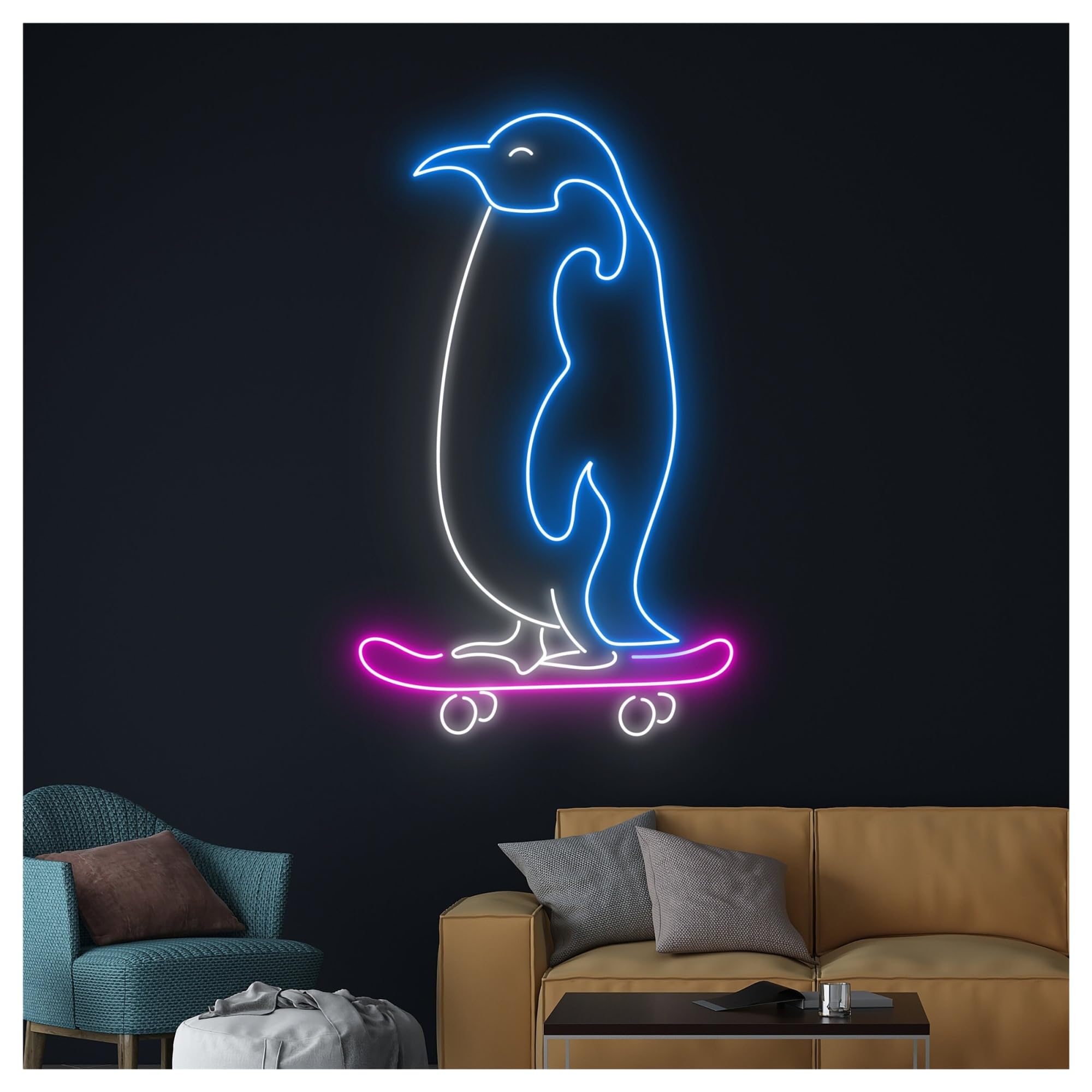 Wiszące neony artystyczne Neon Z Napisem "Pingwin Na Deskorolce" W Salonie Gier, Barze, Dekoracja Ścienna Przyjęcie Urodzinowe, 50cm