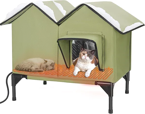 Heated Cat House, Large Heated Outdoor Cat House Weatherproof for Winter, Elevated Waterproof Insulated Cat Houses for Outdoor Cats, Comfortable and Warm Feral Cat Shelter (Green)