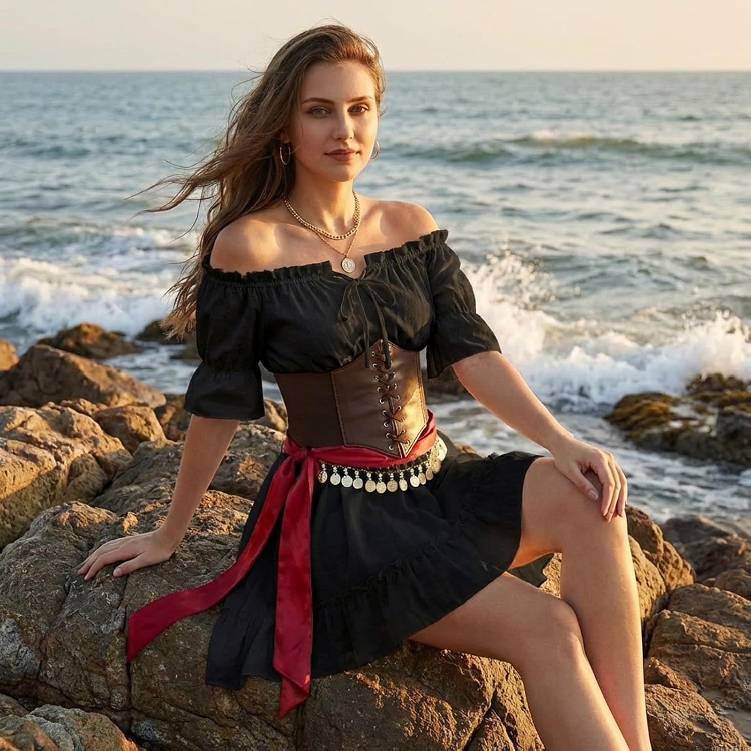 8 Pcs Pirate Costume Women Renaissance Dress Set, Medieval Pirate Outfit for Women with Corset Belt and Accessories