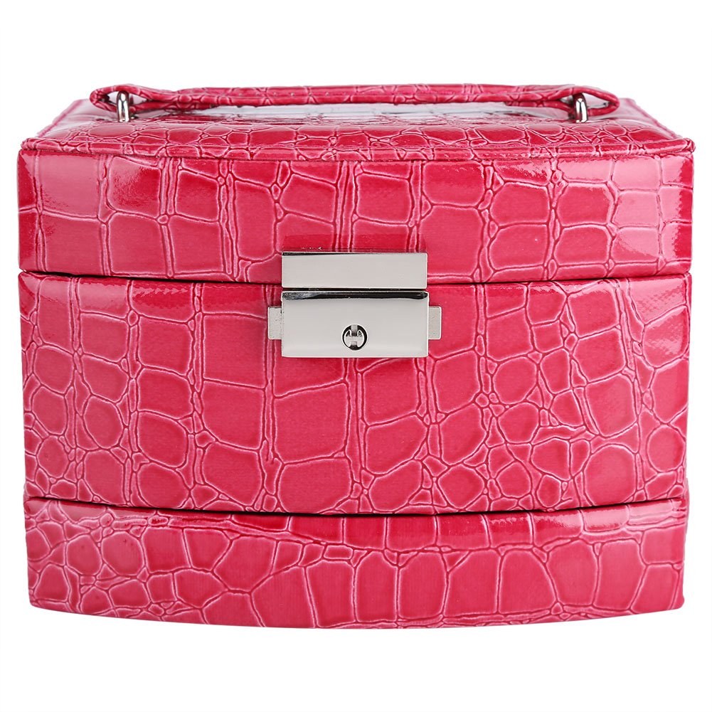 Yosoo 3 strati Jewelry Box con specchio e manico per collane, anelli, collana, ciondoli, spille Storage Rose Red