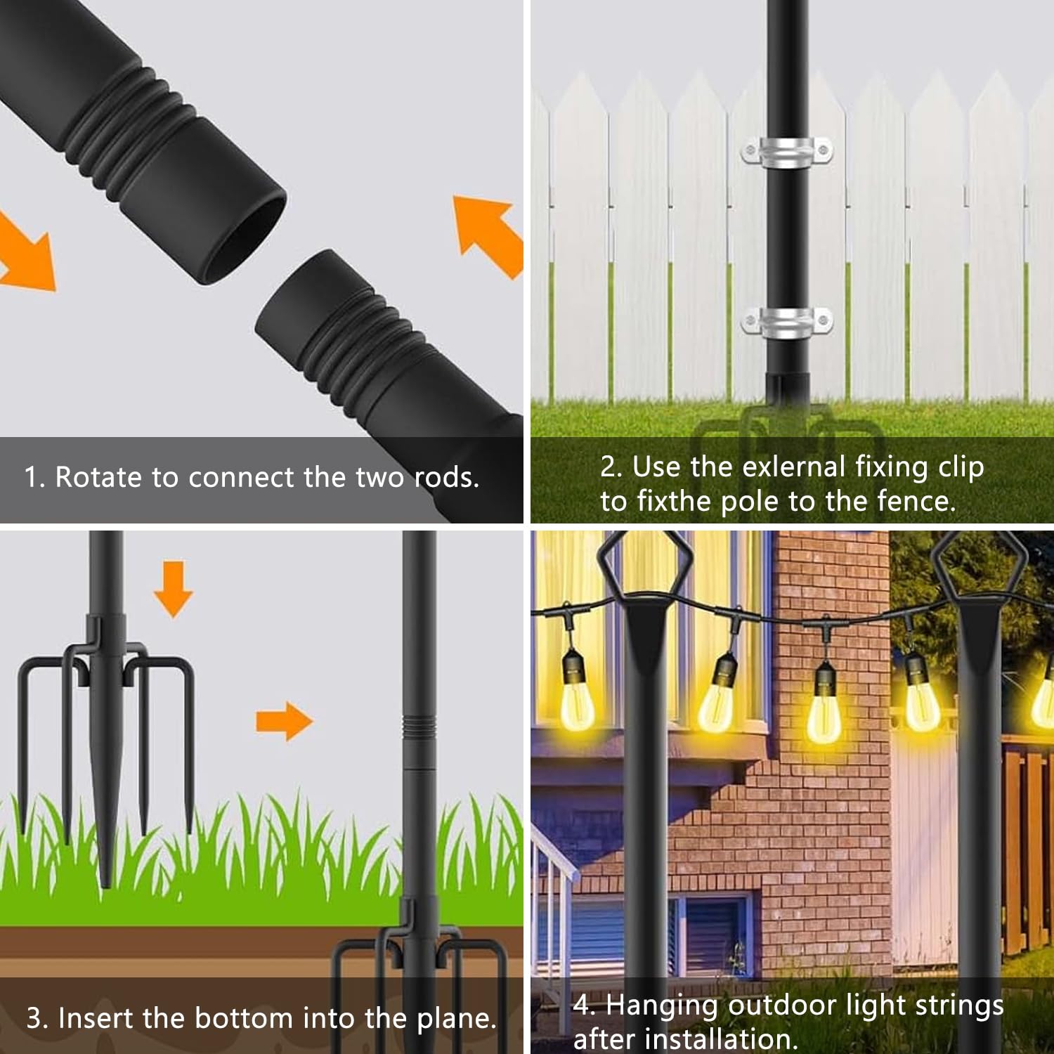 Paquete de 4 postes de luz de cadena de 9.8 pies con tenedor para luces de cadena al aire libre, postes de luz al aire libre con tenedor, postes, poste, soporte para exterior, patio, terraza, patio